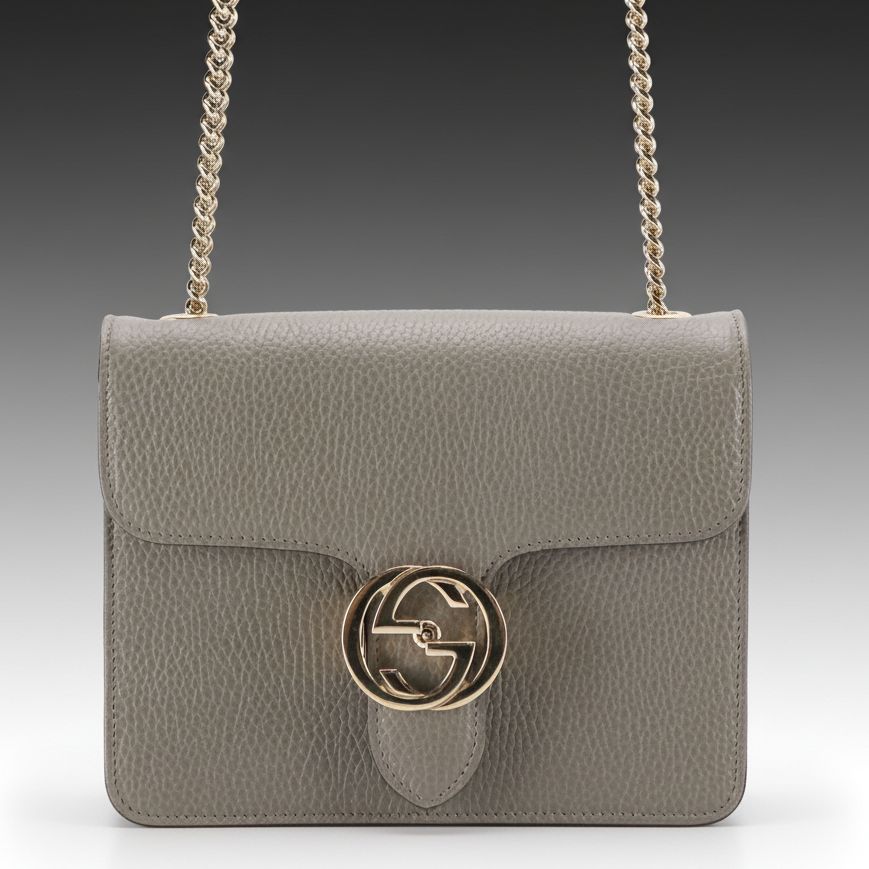 Gucci Small Interlocking GG Chain Link Crossbody Bag in Grey Grained Leather