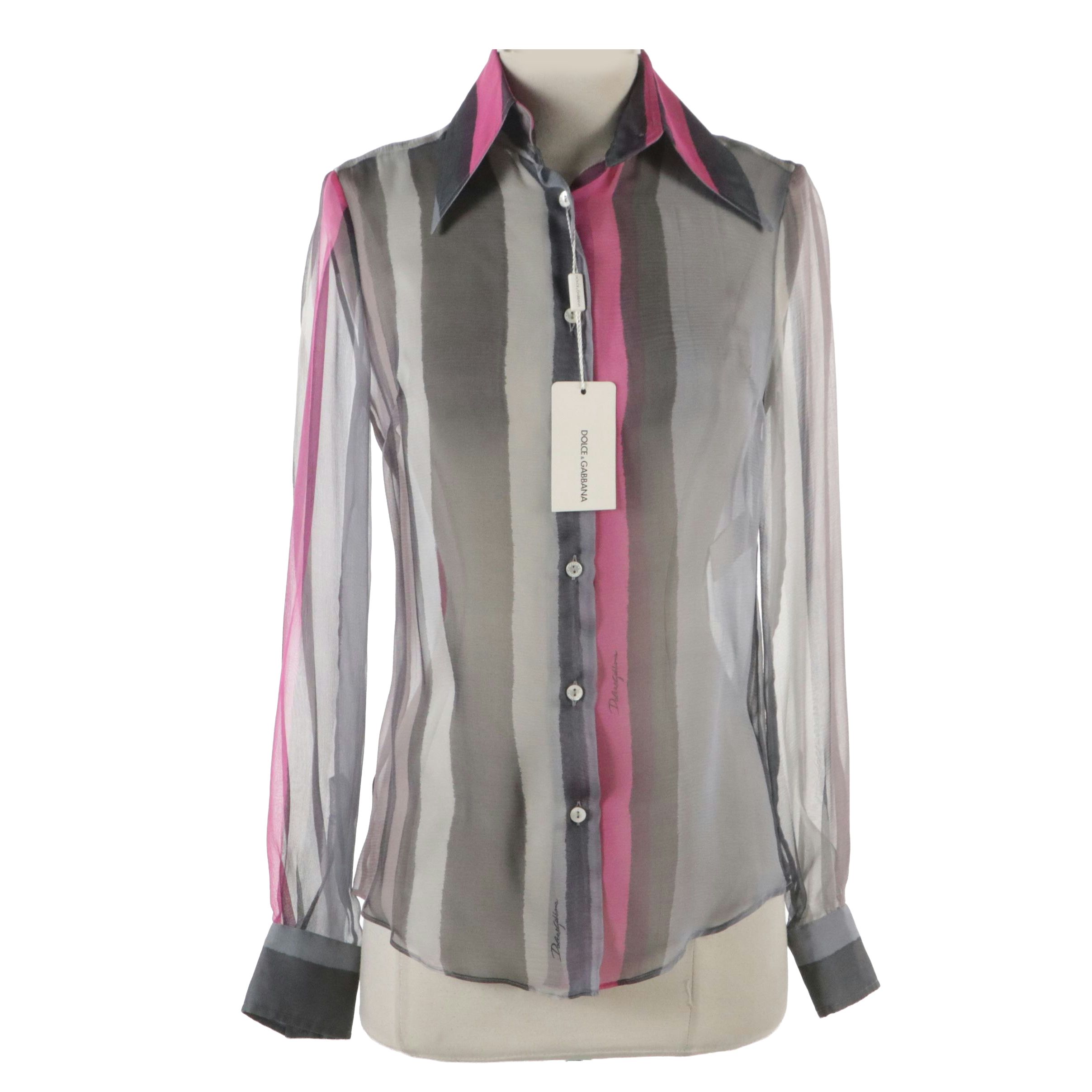 Dolce & Gabbana Pink & Black Striped Sheer Silk Blouse, With Tag