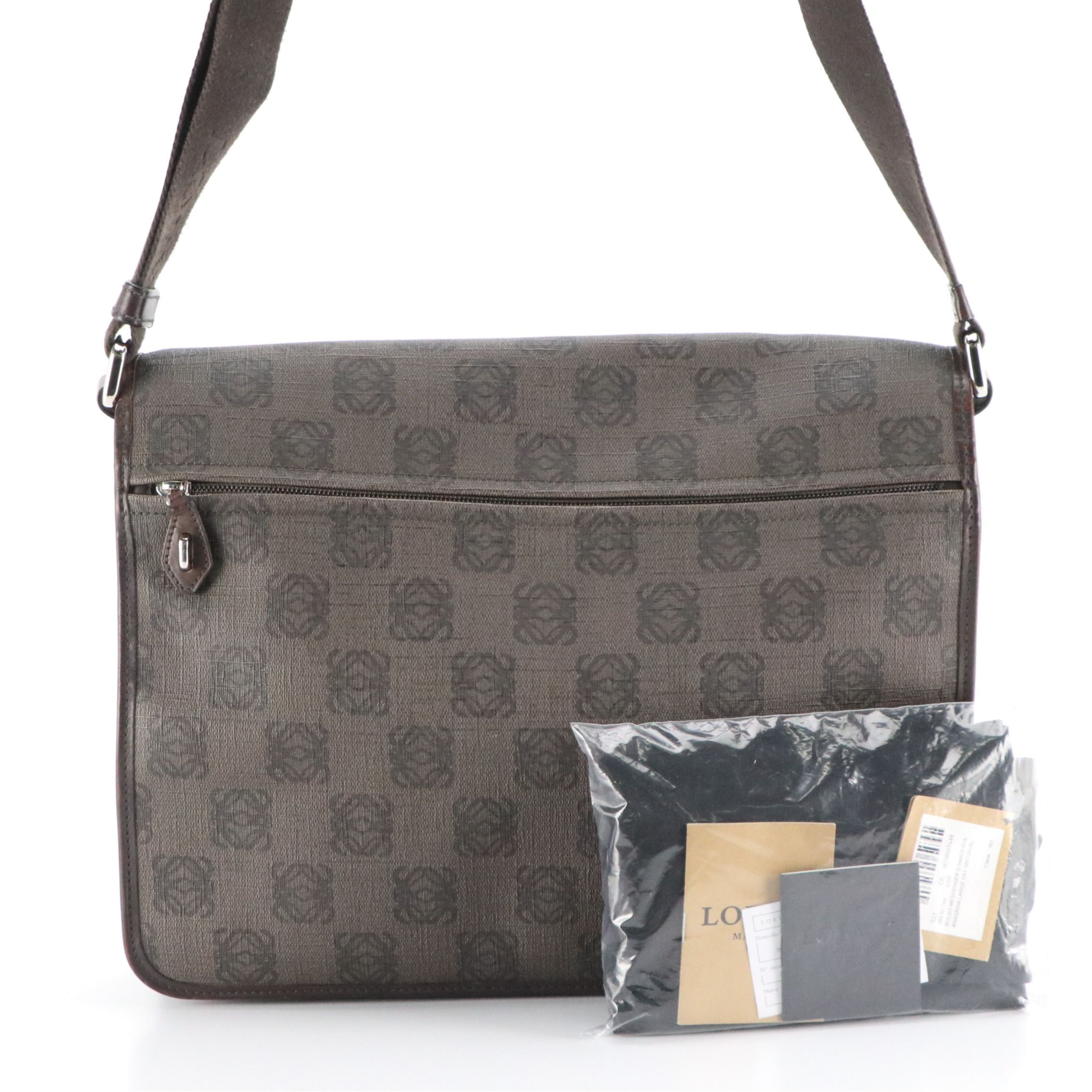 Loewe Messenger Satchel Bag in Brown Anagram Coated Canvas and Leather Trim