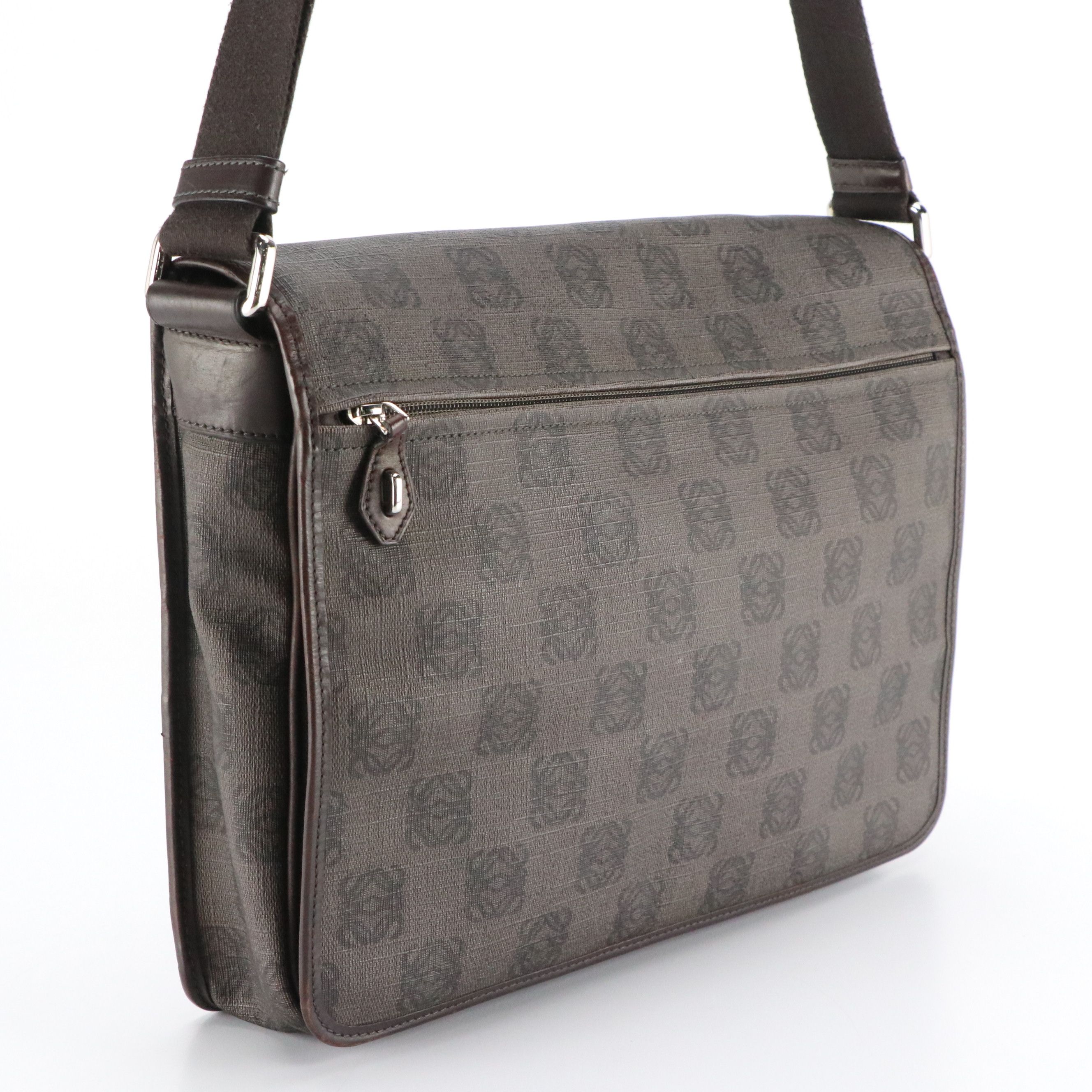 Loewe Messenger Satchel Bag in Brown Anagram Coated Canvas and Leather Trim