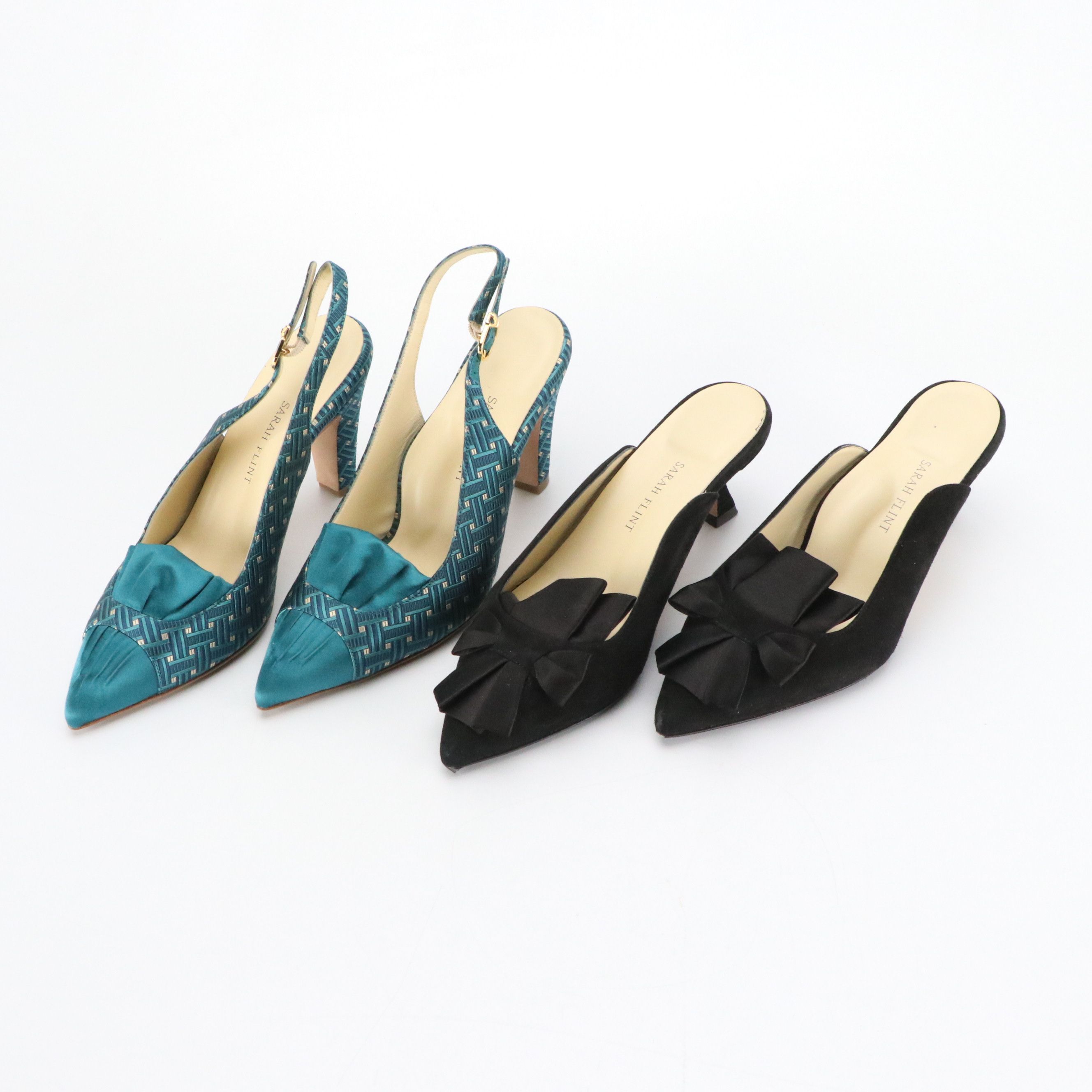 Sarah Flint Teal Deco Jacquard Satin Sabina Slingbacks and Abigail Kitten Heels