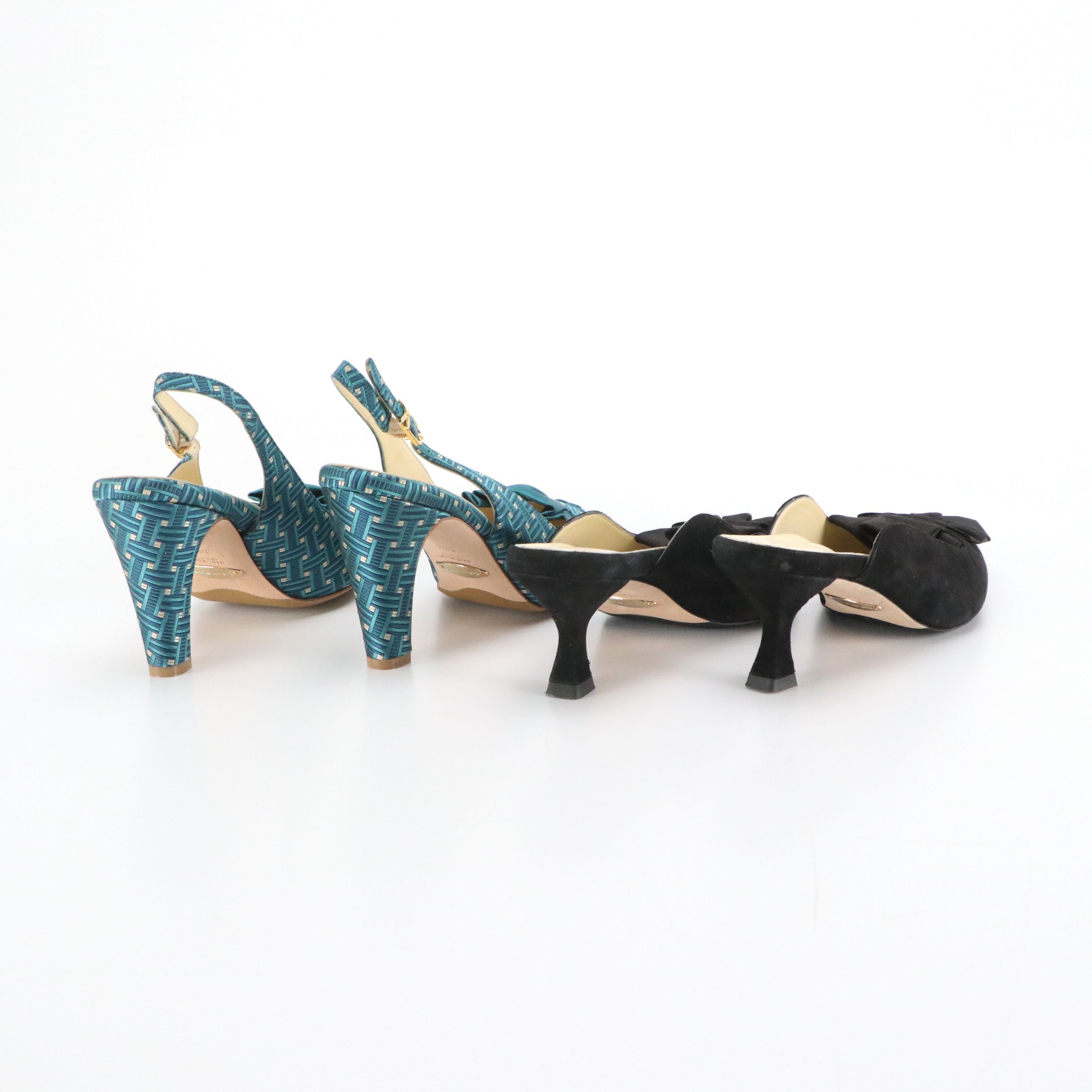 Sarah Flint Teal Deco Jacquard Satin Sabina Slingbacks and Abigail Kitten Heels