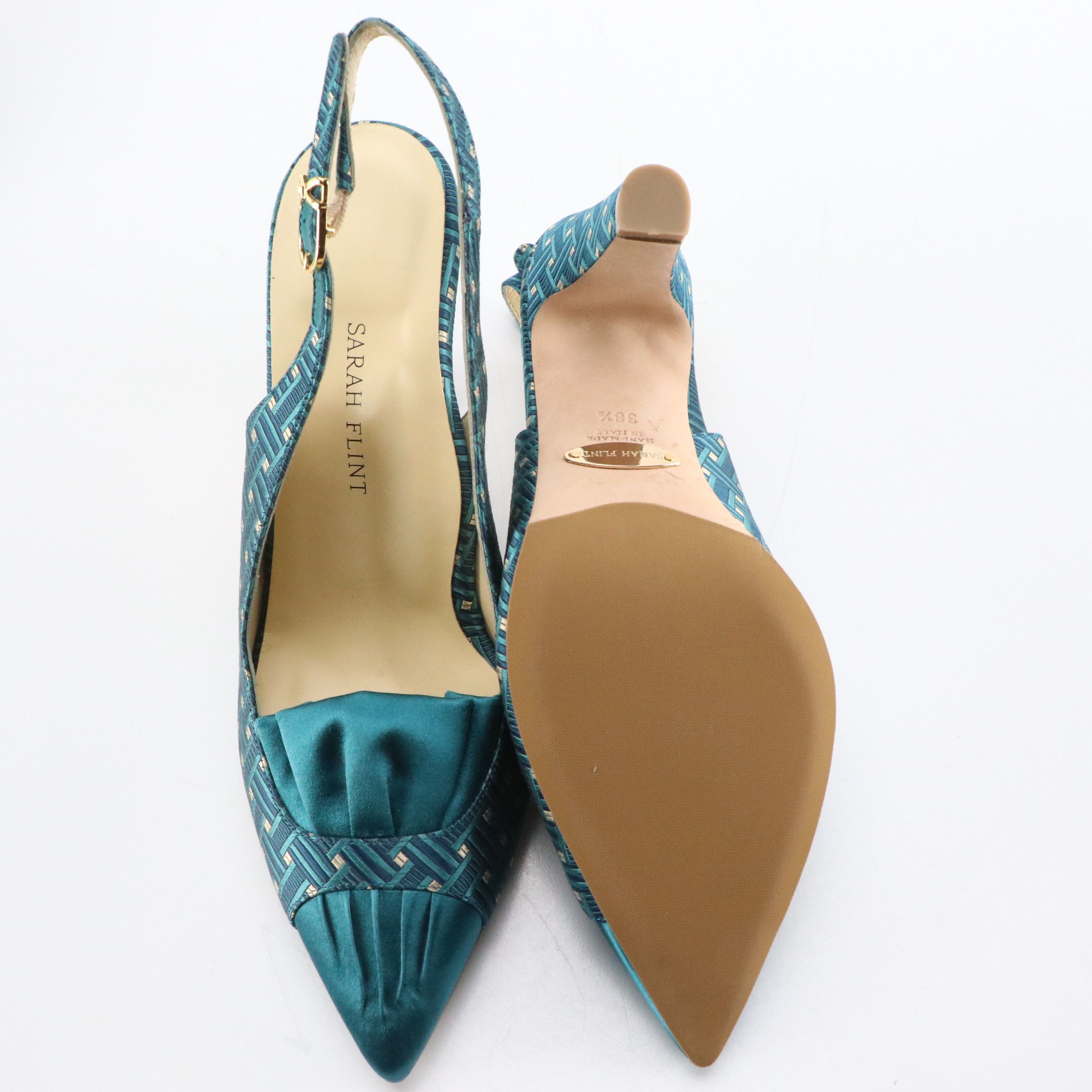 Sarah Flint Teal Deco Jacquard Satin Sabina Slingbacks and Abigail Kitten Heels