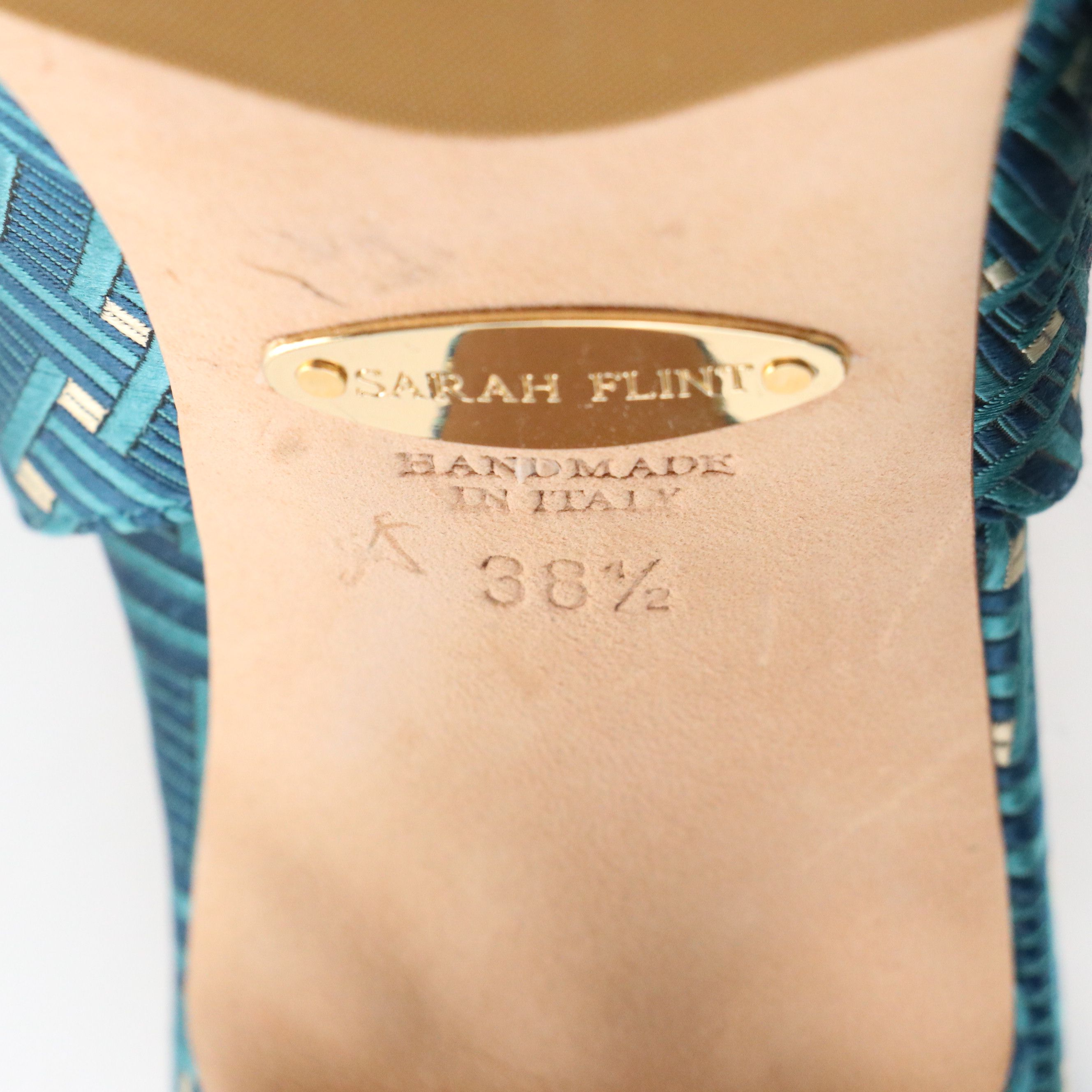 Sarah Flint Teal Deco Jacquard Satin Sabina Slingbacks and Abigail Kitten Heels