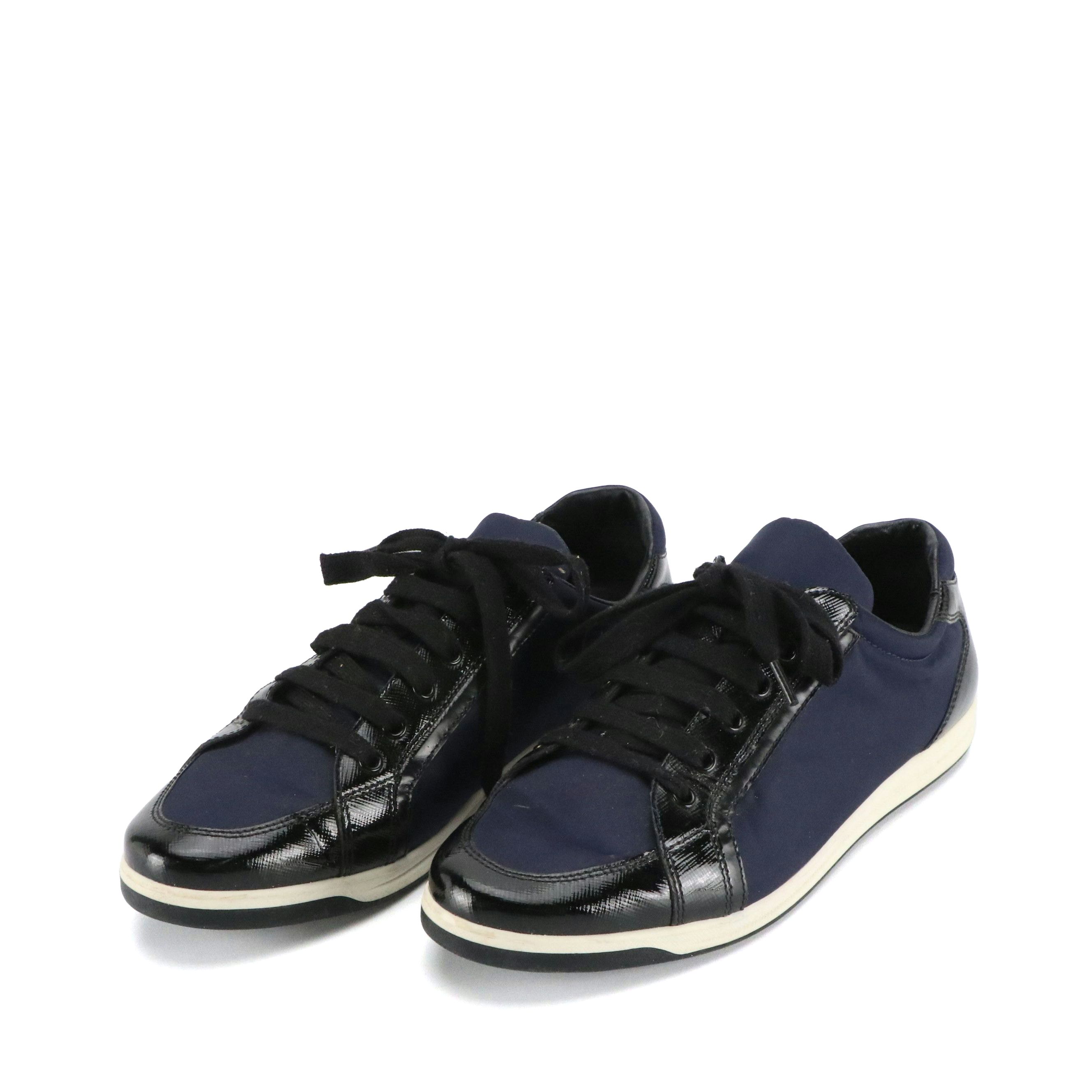 Prada Sport Downtown Sneakers in Navy Blue Tessuto Nylon & Black Patent Leather