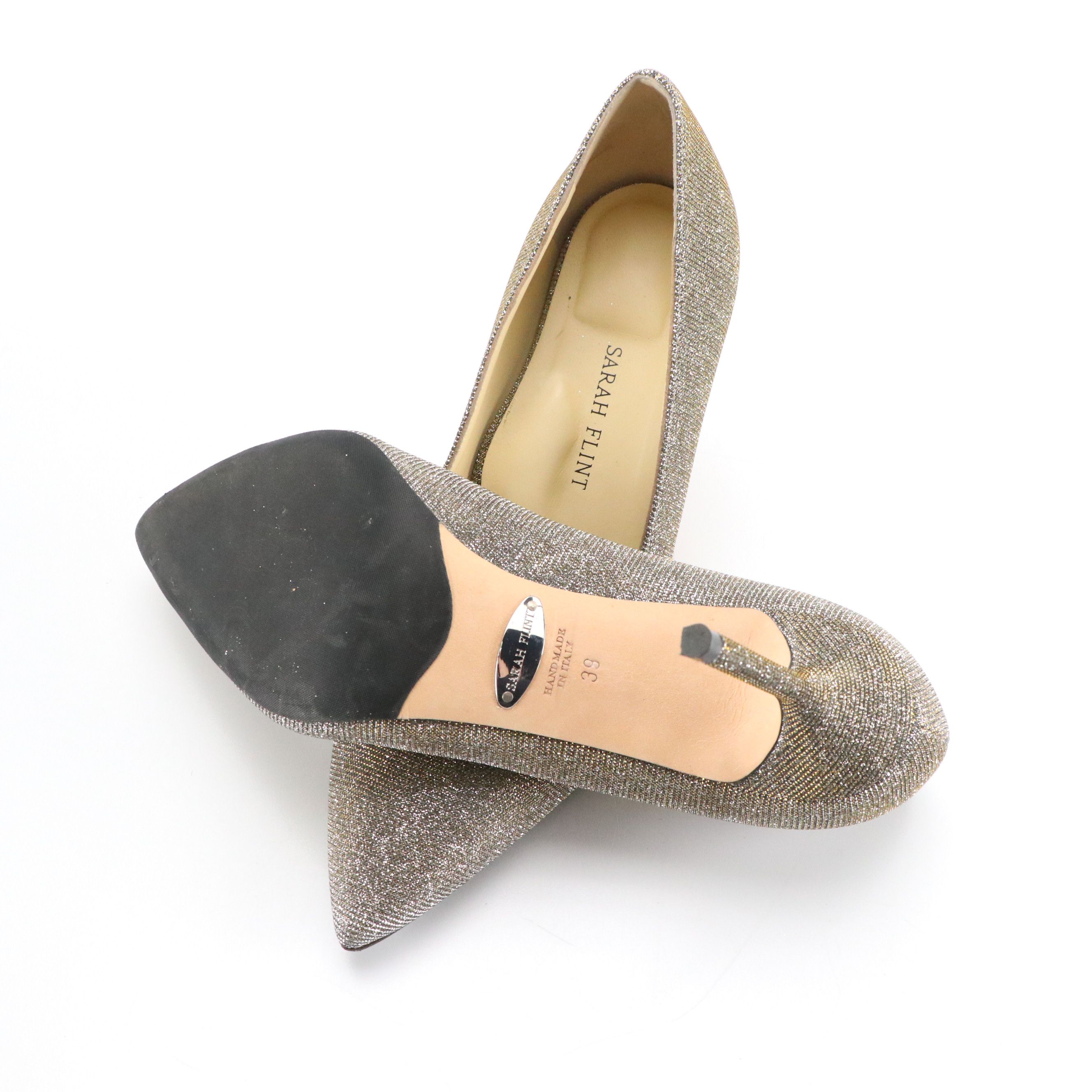 Sarah Flint Pointed-Toe Pumps in Taupe Suede and Silver Glitter Textile