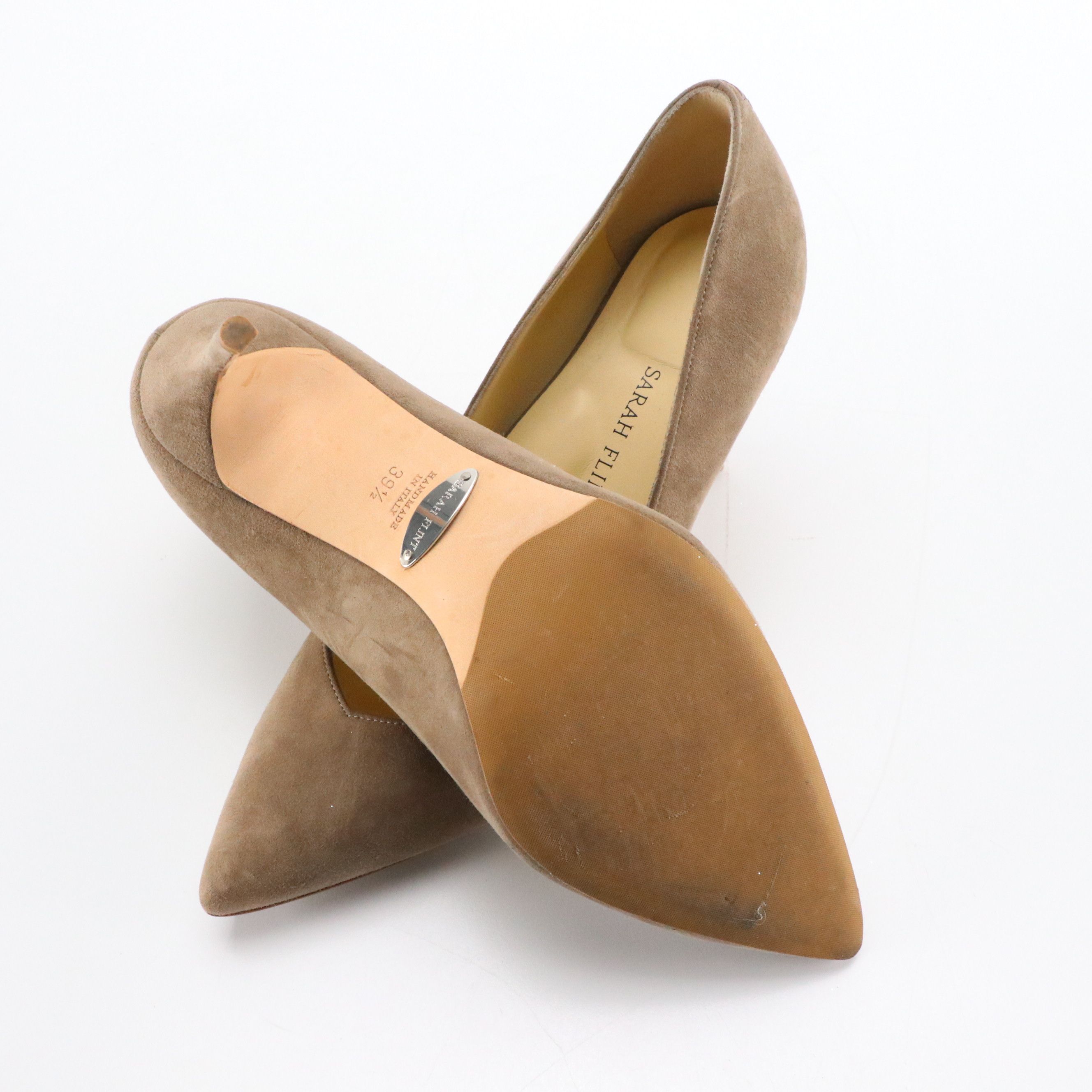 Sarah Flint Pointed-Toe Pumps in Taupe Suede and Silver Glitter Textile