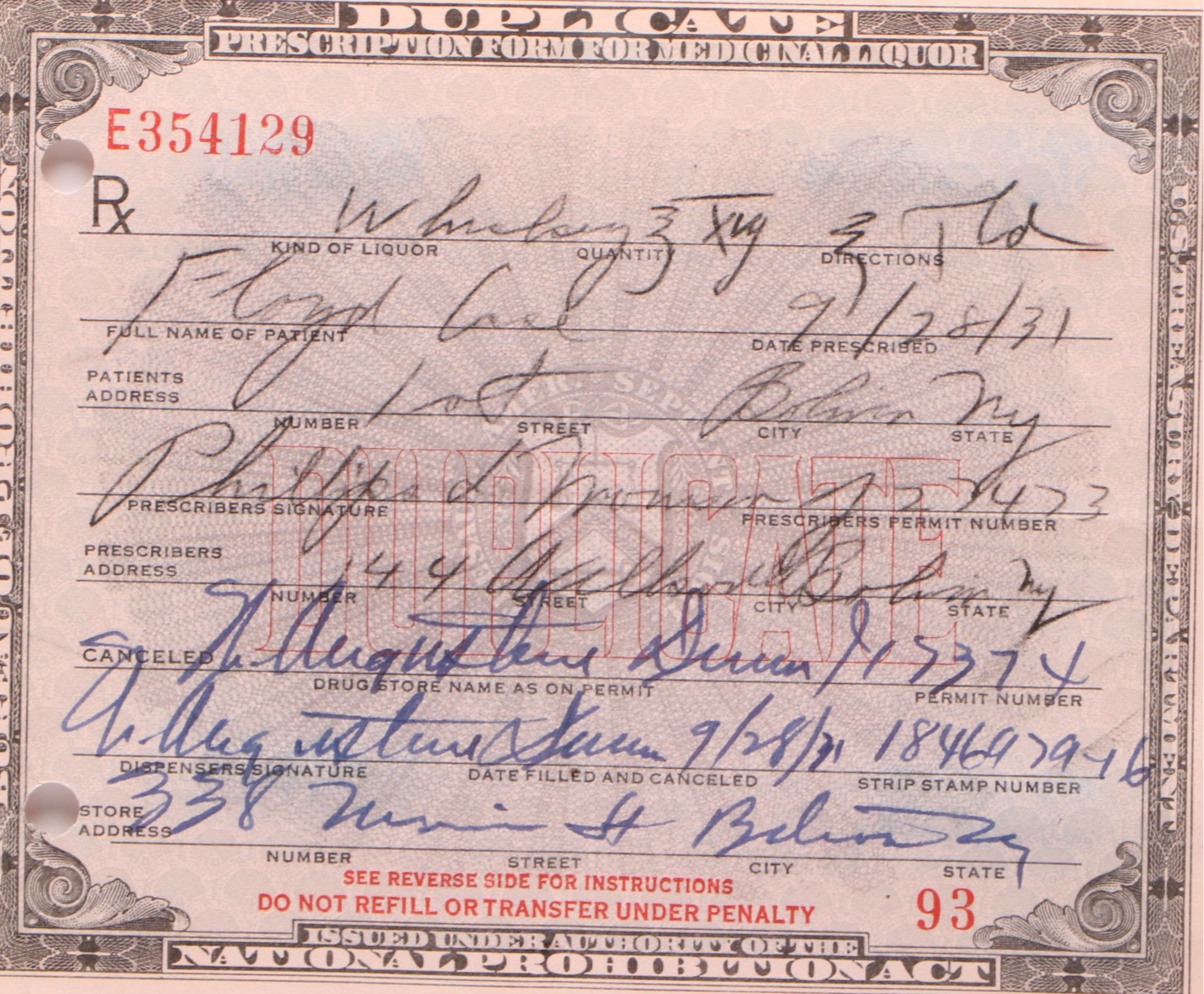 Prohibition Prescription Form for Whiskey, 1931