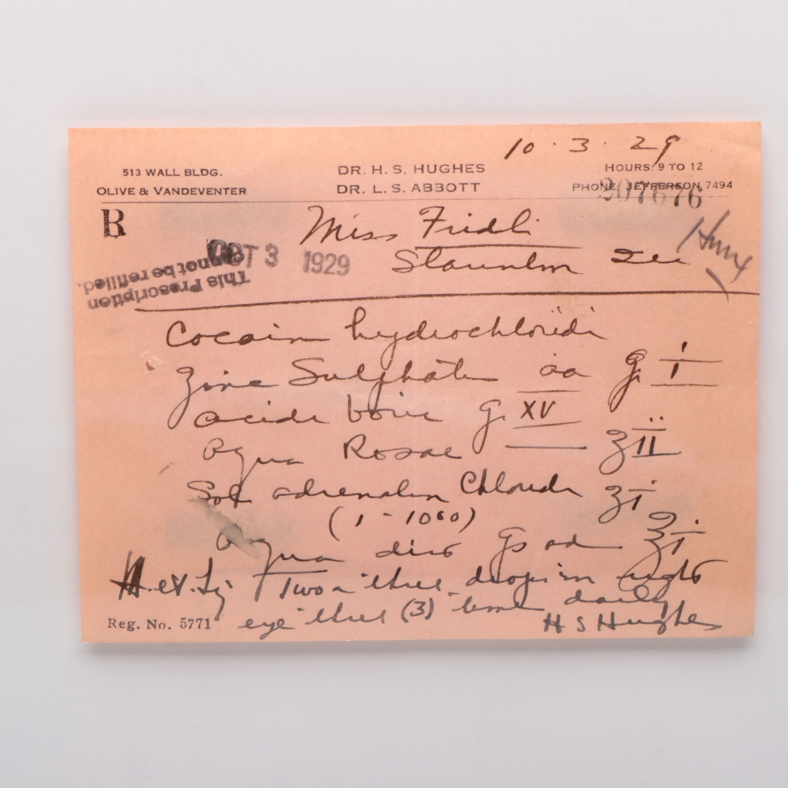Prescription Form for Cocaine, 1929
