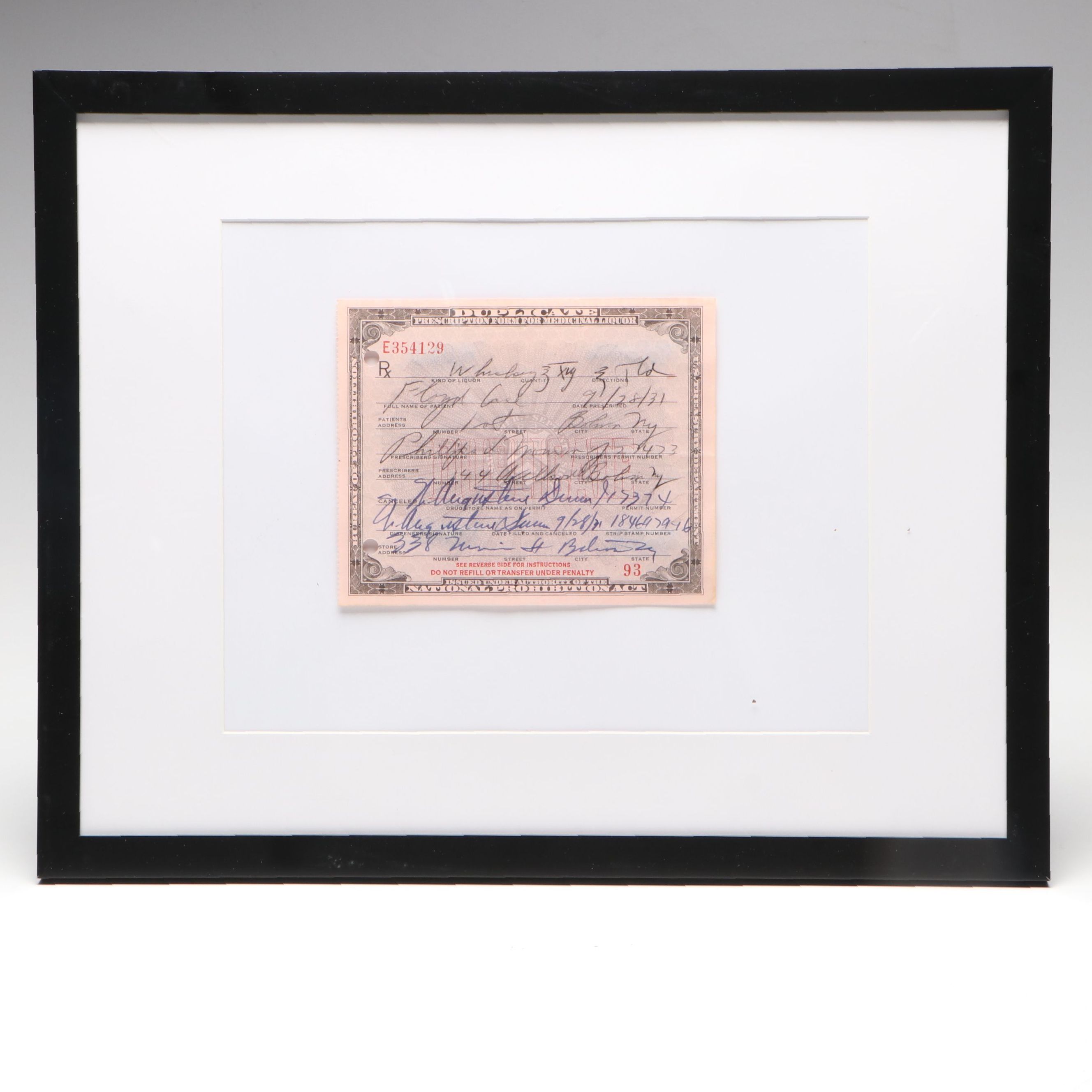 Prohibition Prescription Form for Whiskey, 1931