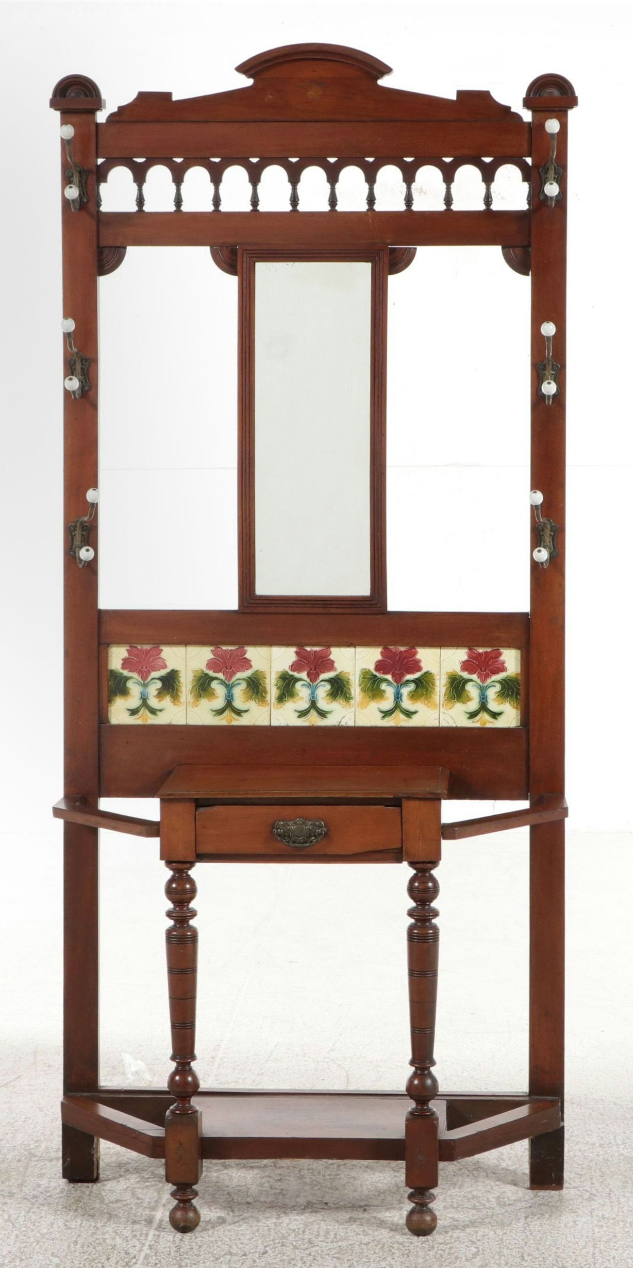 Victorian Aesthetic Movement Walnut Hall Stand with Majolica Tiles, Late 19th C.