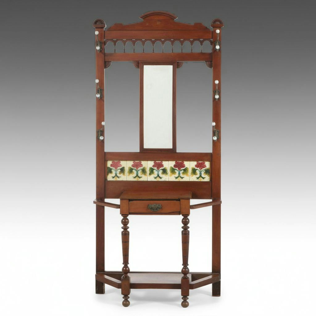 Victorian Aesthetic Movement Walnut Hall Stand with Majolica Tiles, Late 19th C.