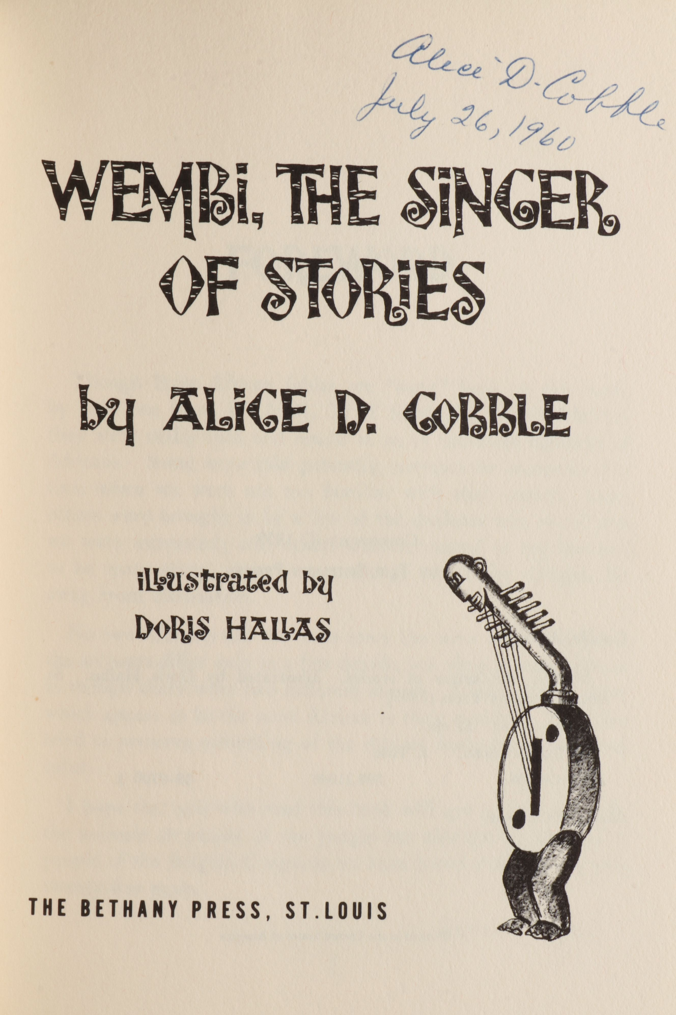 Signed First Edition "Wembi, the Singer of Stories" by Alice D. Cobble, 1959