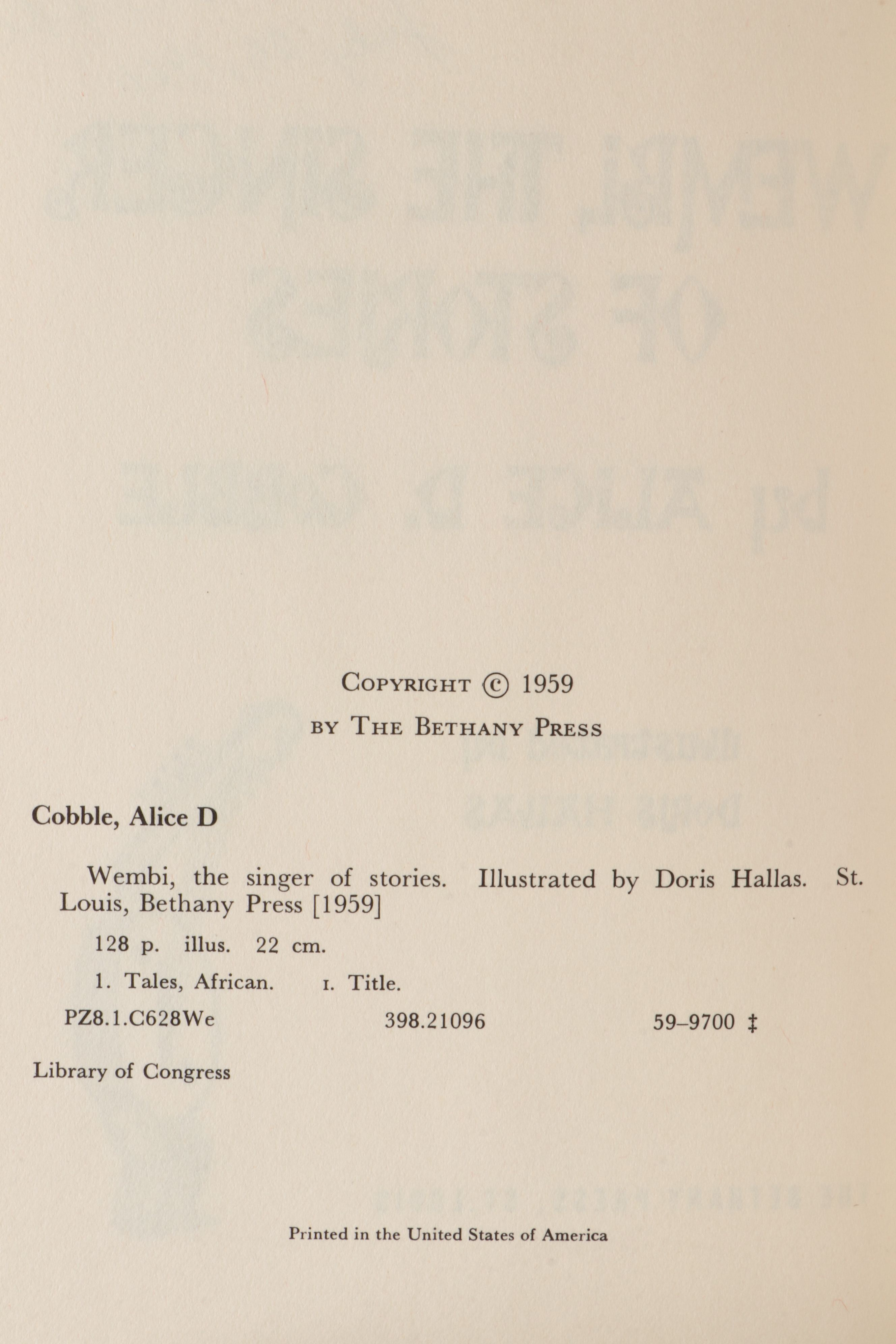 Signed First Edition "Wembi, the Singer of Stories" by Alice D. Cobble, 1959