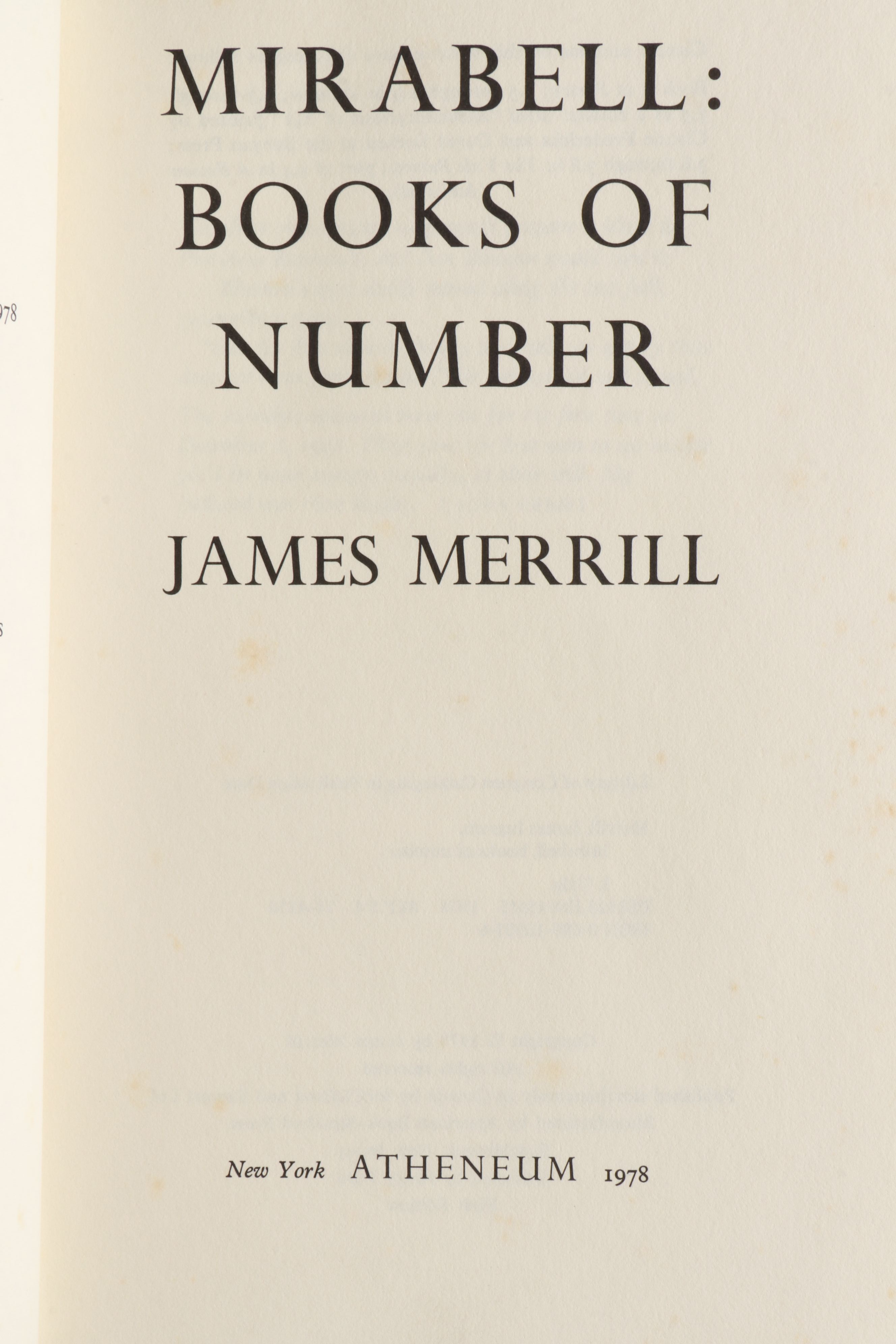 First Edition "Mirabell: Books of Number" by James Merrill, 1978
