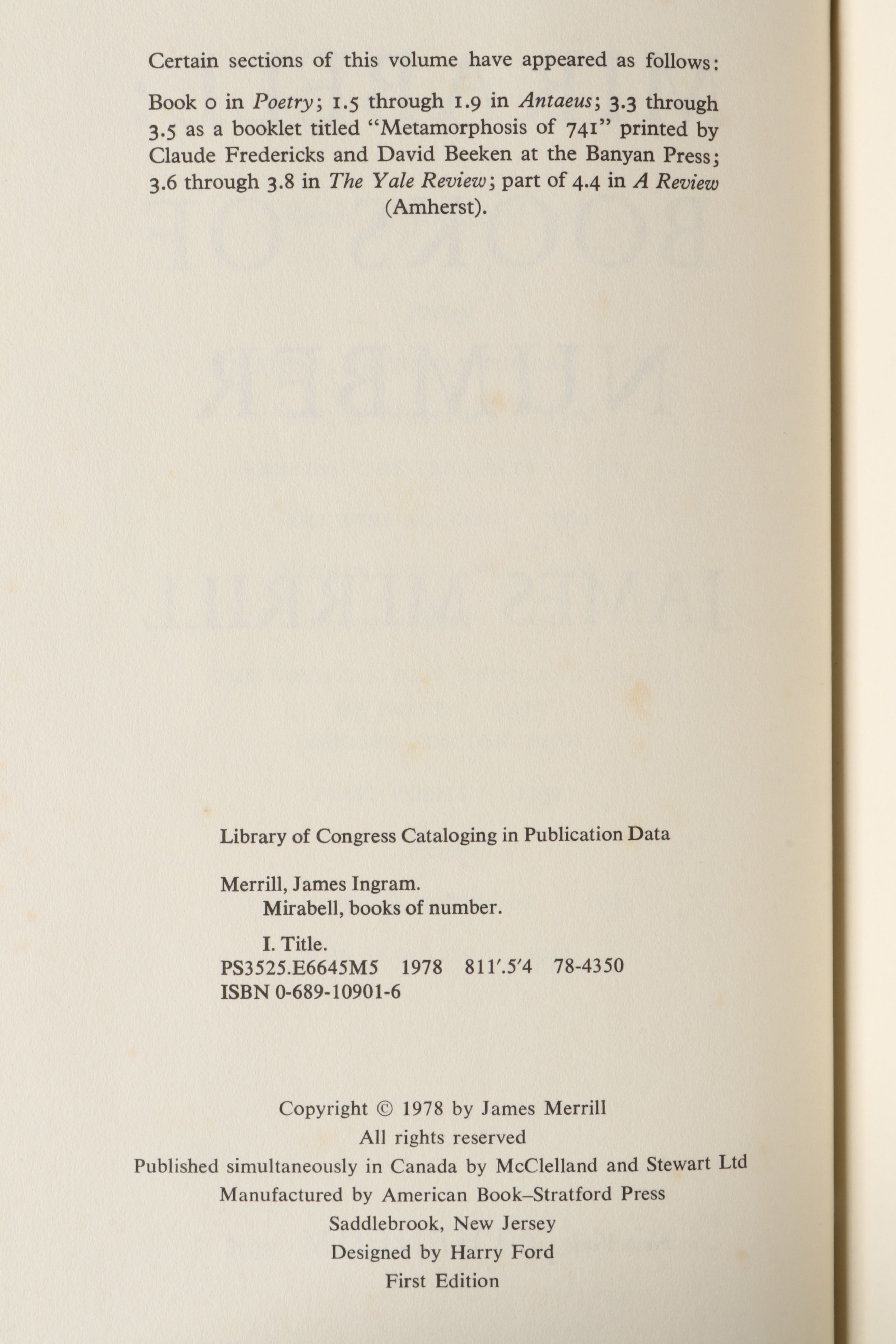 First Edition "Mirabell: Books of Number" by James Merrill, 1978