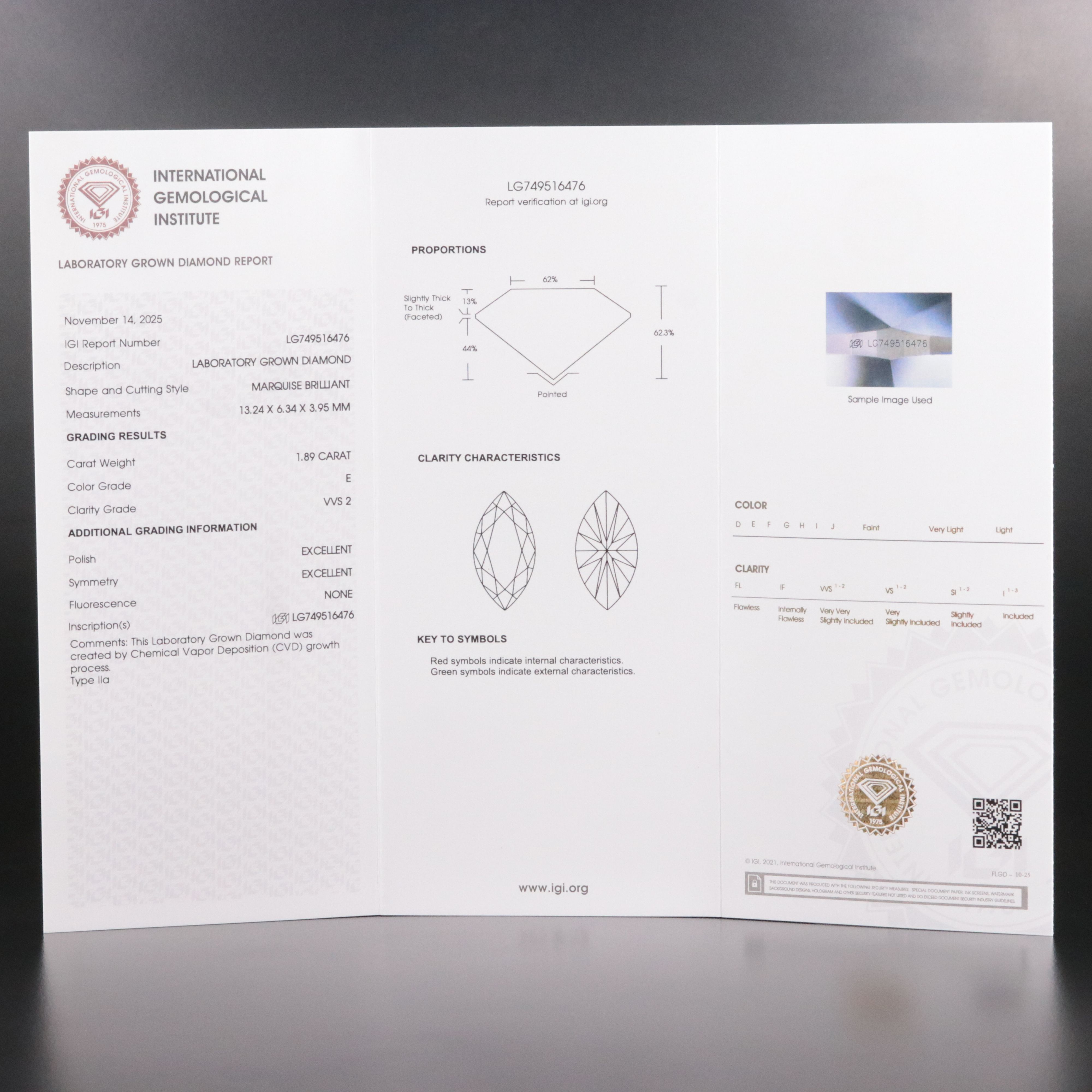 Loose 1.89 CT Lab Grown Diamond with IGI Report