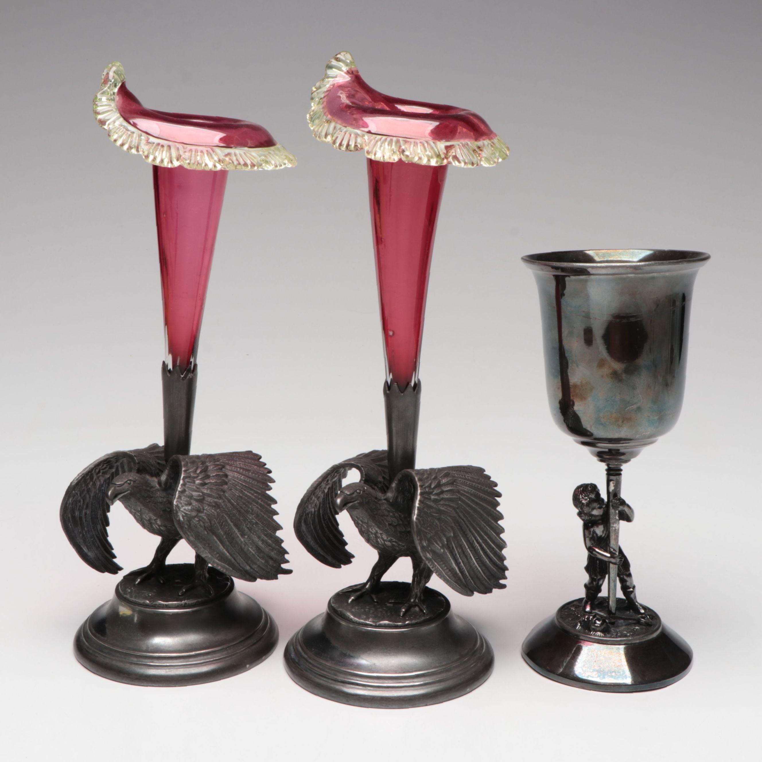 Vintage Eagle Silver Plate Glass Trumpet Epergne with Rogers Smith & Co. Goblet