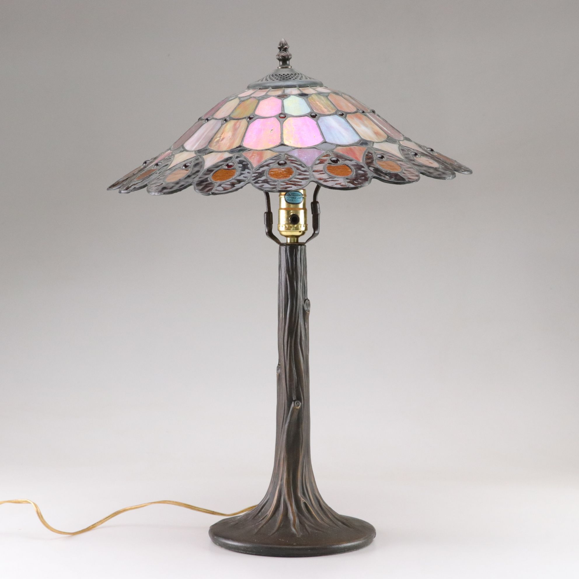 Dale Tiffany Art Nouveau Style Slag Glass Shade with Faux Bois Table Lamp