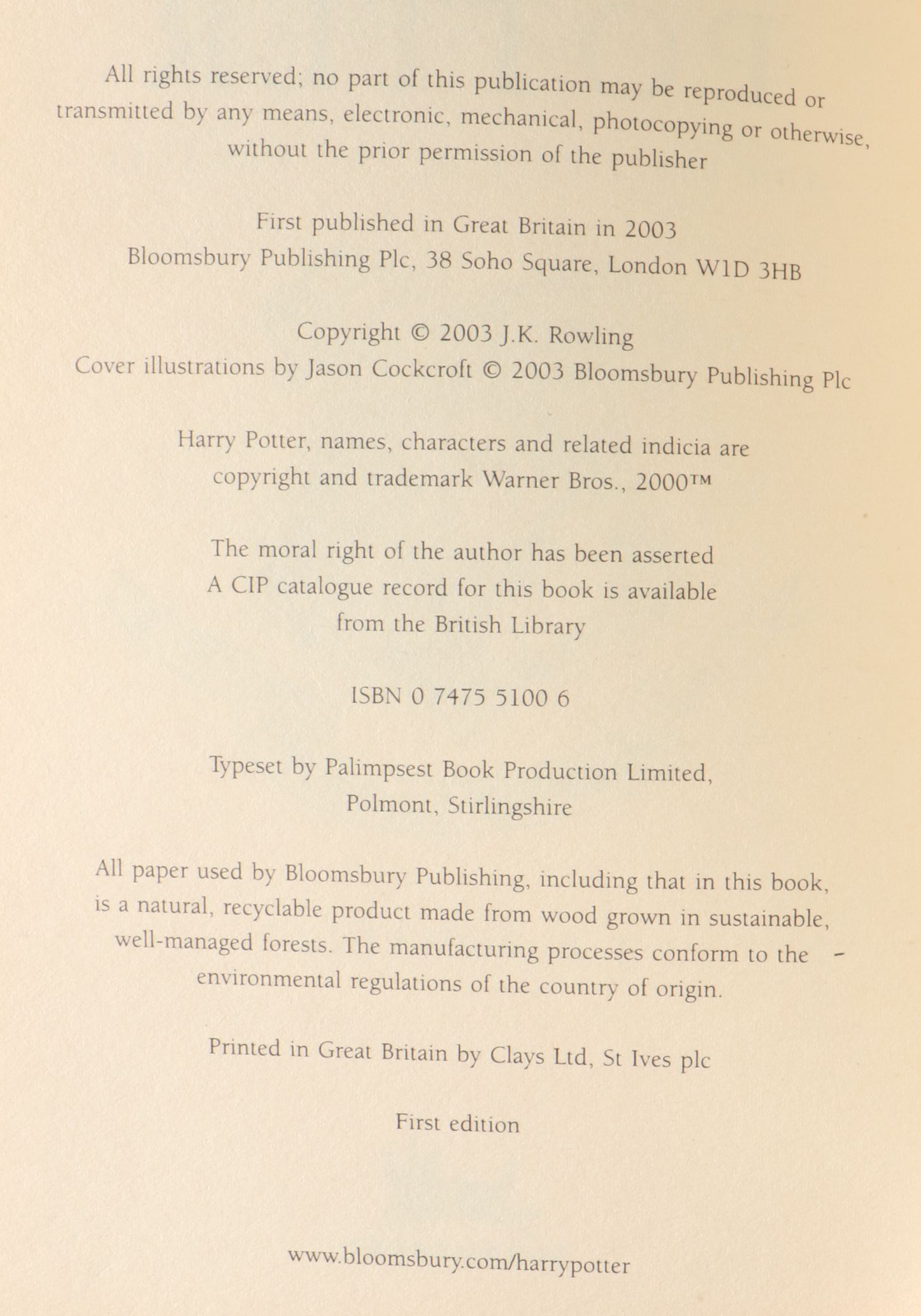 First UK Edition "Harry Potter and the Order of the Phoenix" by J. K. Rowling