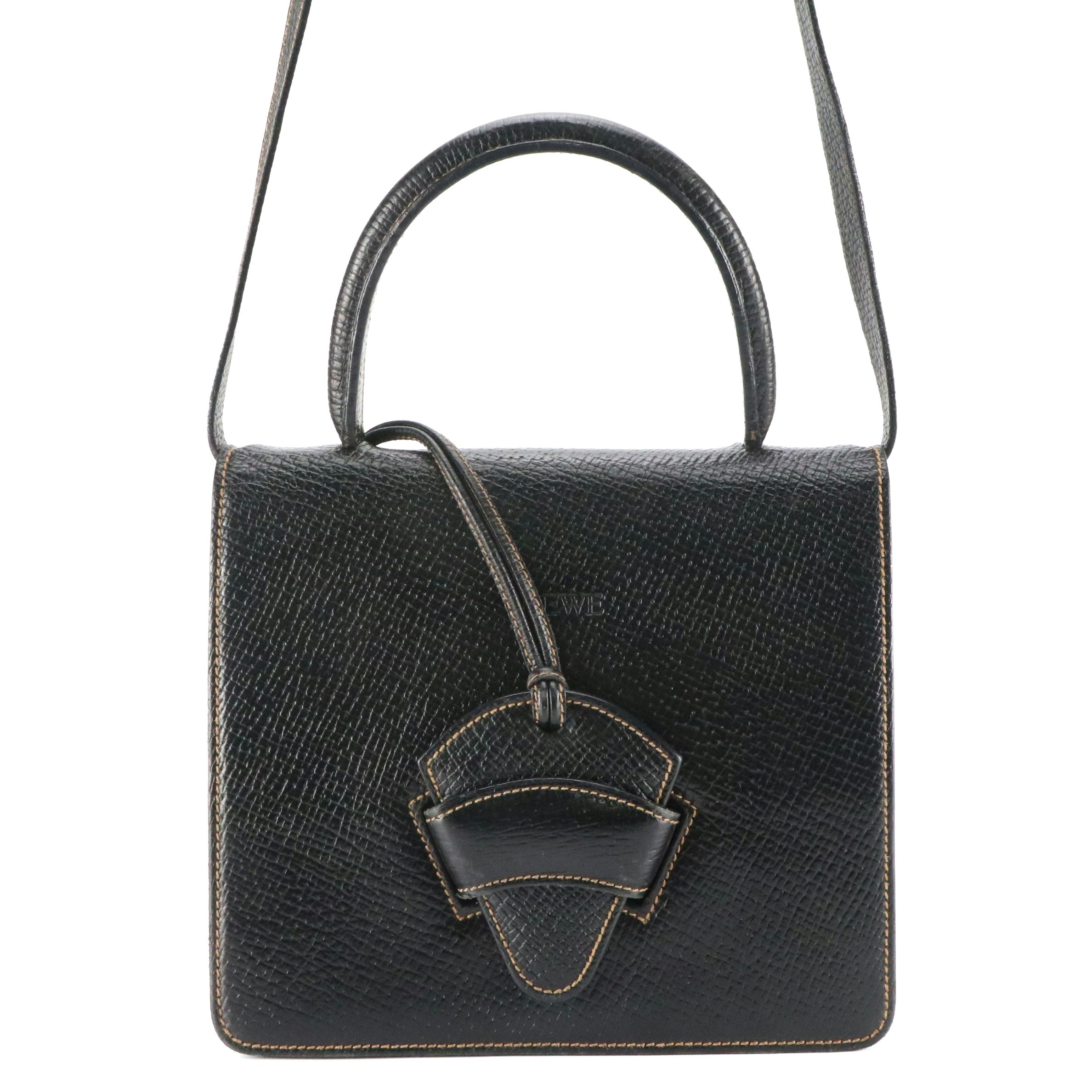 Loewe Barcelona Two-Way Top Handle Bag in Black Grained Leather