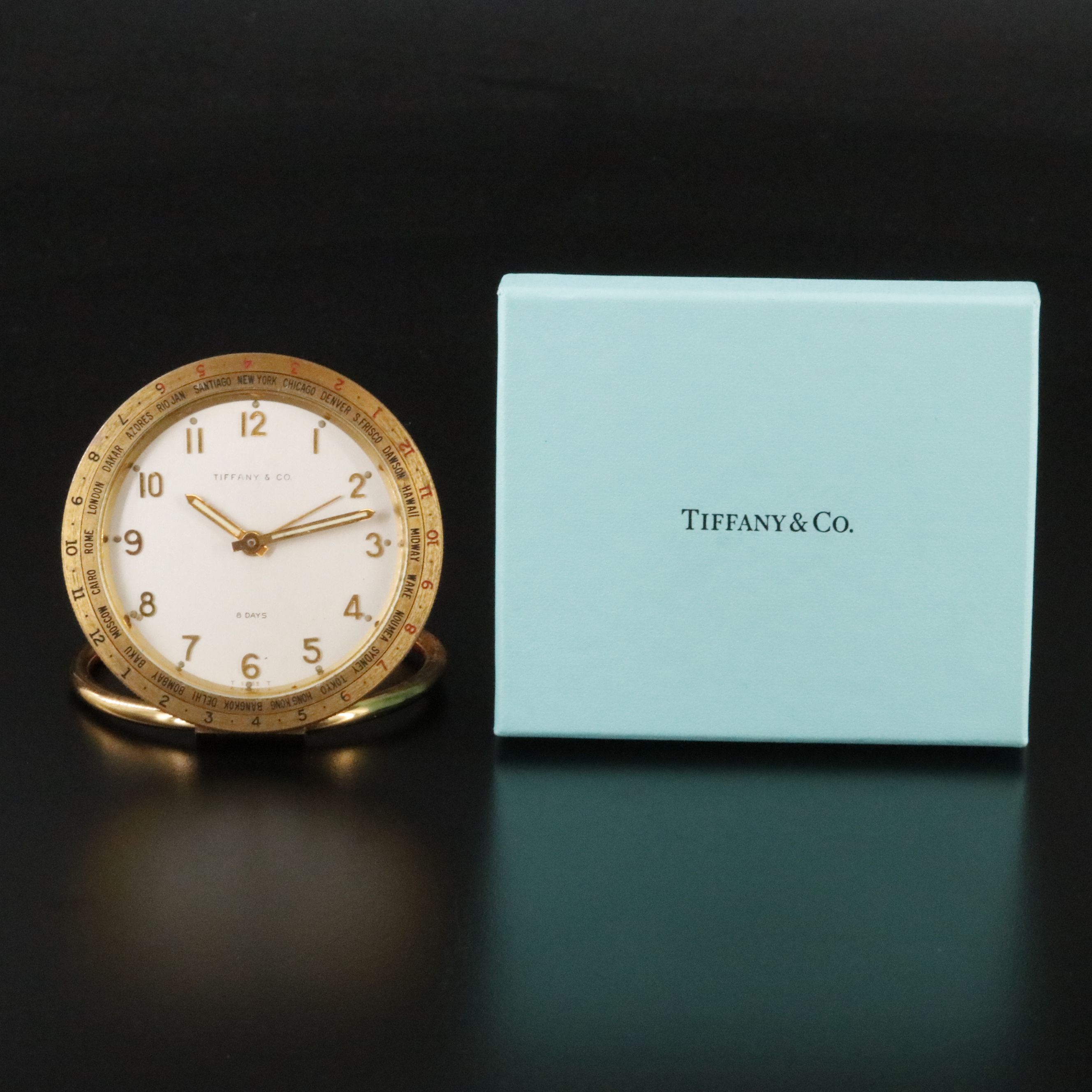 Tiffany & Co. Brass World Travel 8 Day Alarm Desk Clock