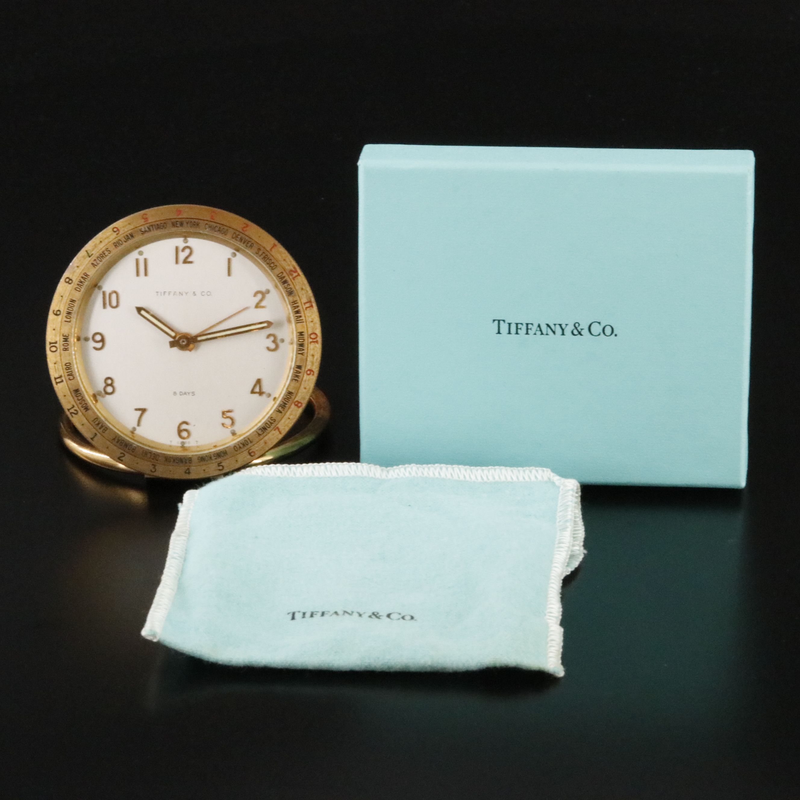 Tiffany & Co. Brass World Travel 8 Day Alarm Desk Clock