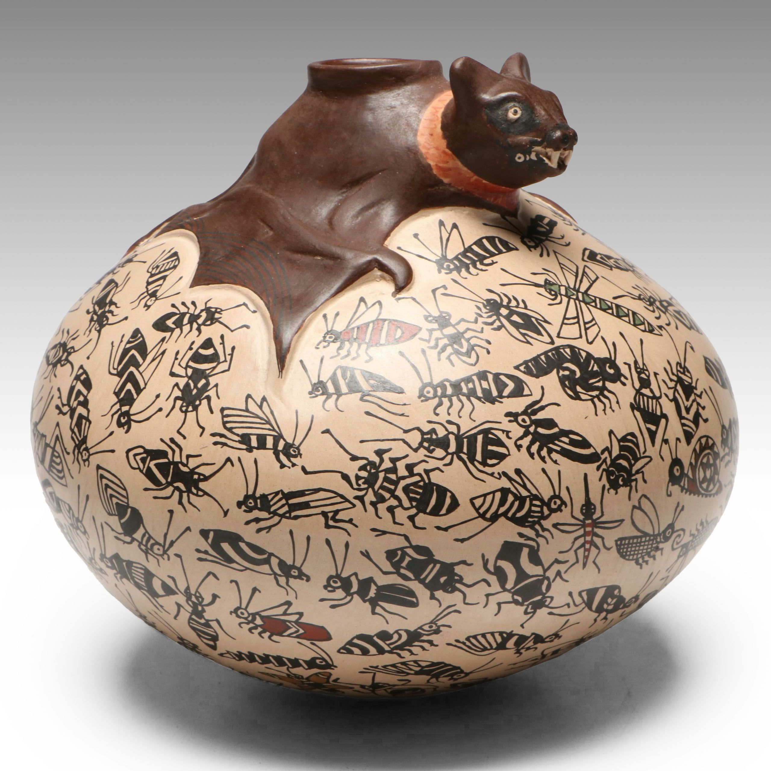 Manuel Rodriguez Guillen Mata Ortiz Pottery Vase with Bat and Insects