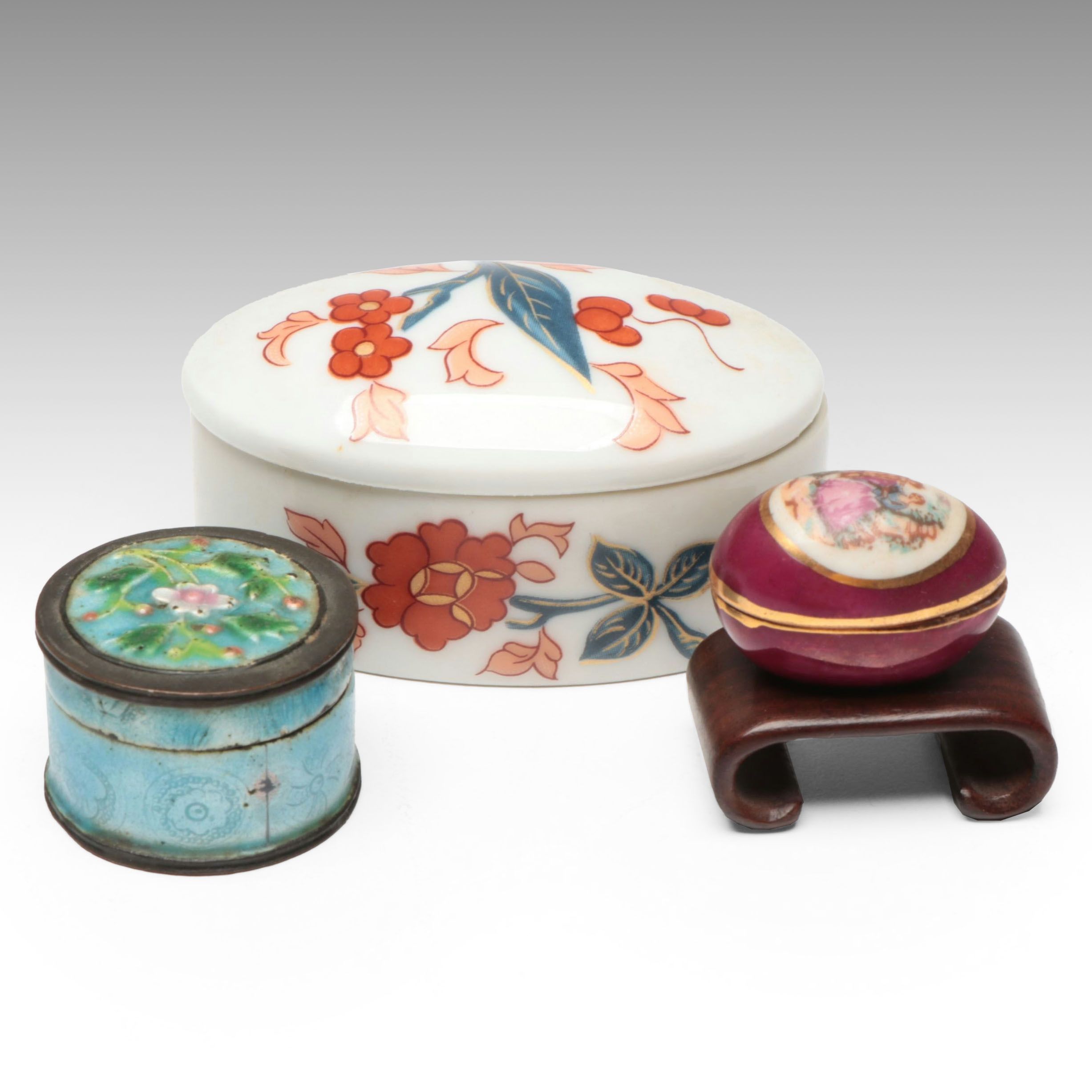 Floral Porcelain Egg Shaped Boxes with Floral Cloisonné Box
