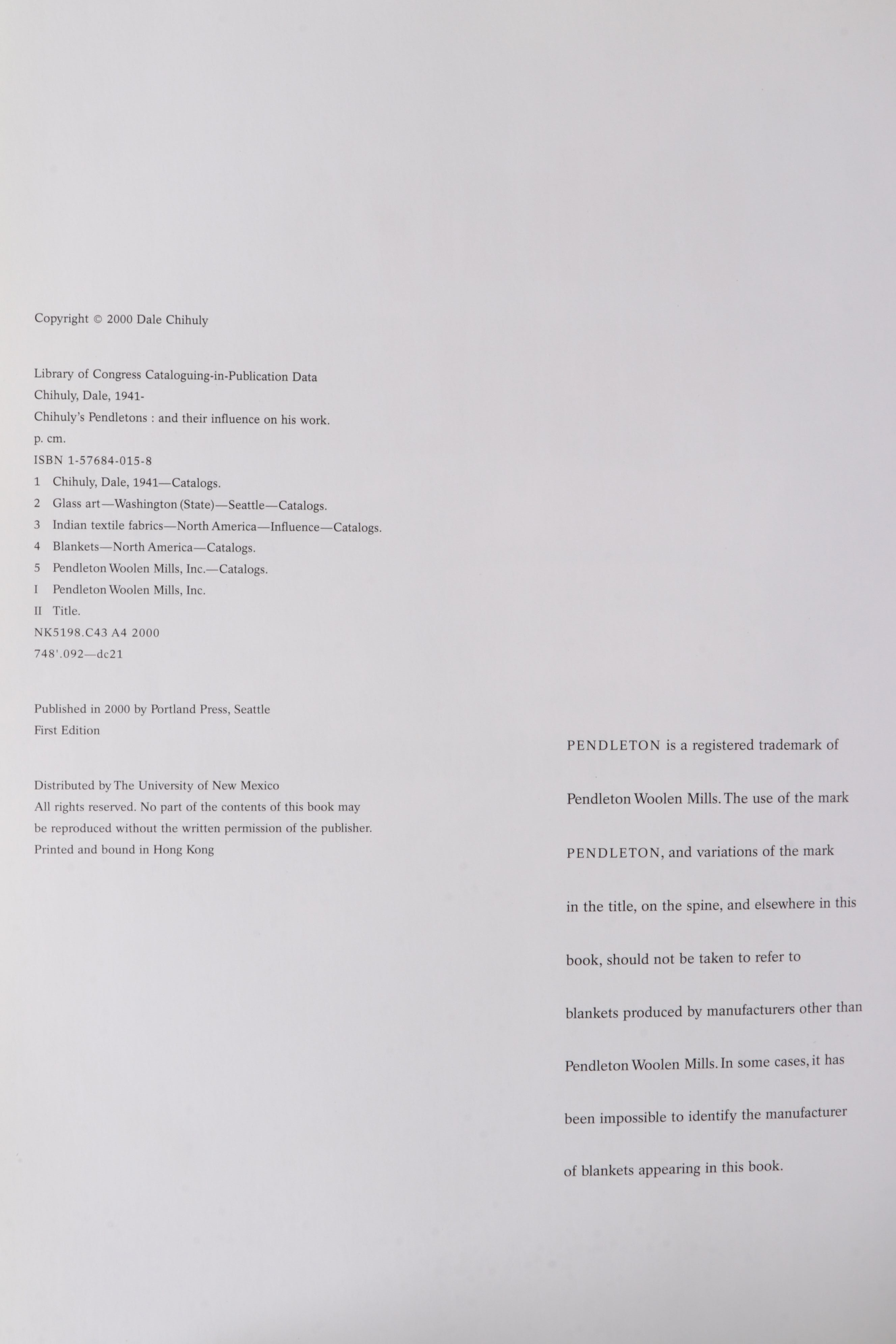 First Edition "Chihuly's Pendletons and Their Influence on His Work," 2000