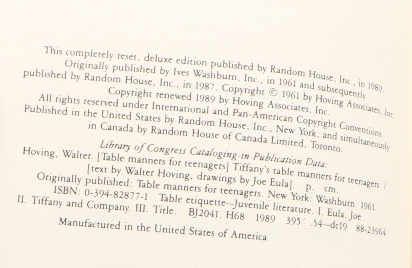 Illustrated "Tiffany's Table Manners for Teenagers" by Walter Hoving, 1989