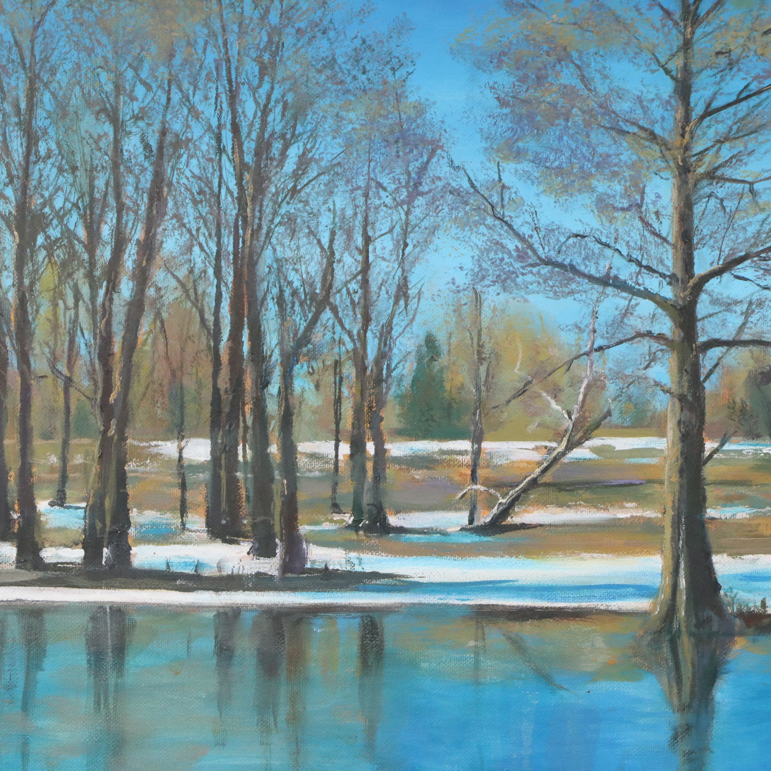 Oil Painting of Late Winter Pond with Swans, 2004