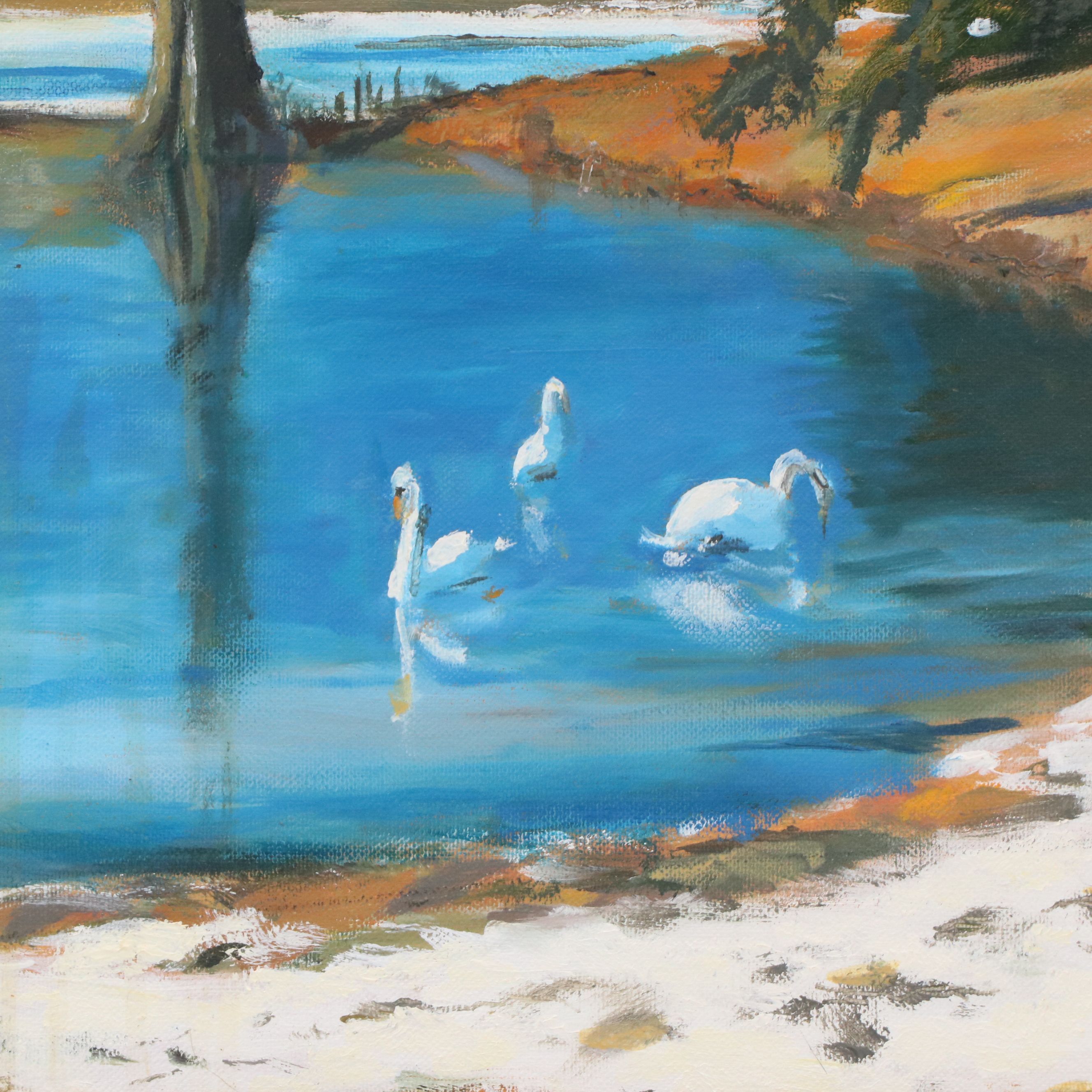 Oil Painting of Late Winter Pond with Swans, 2004