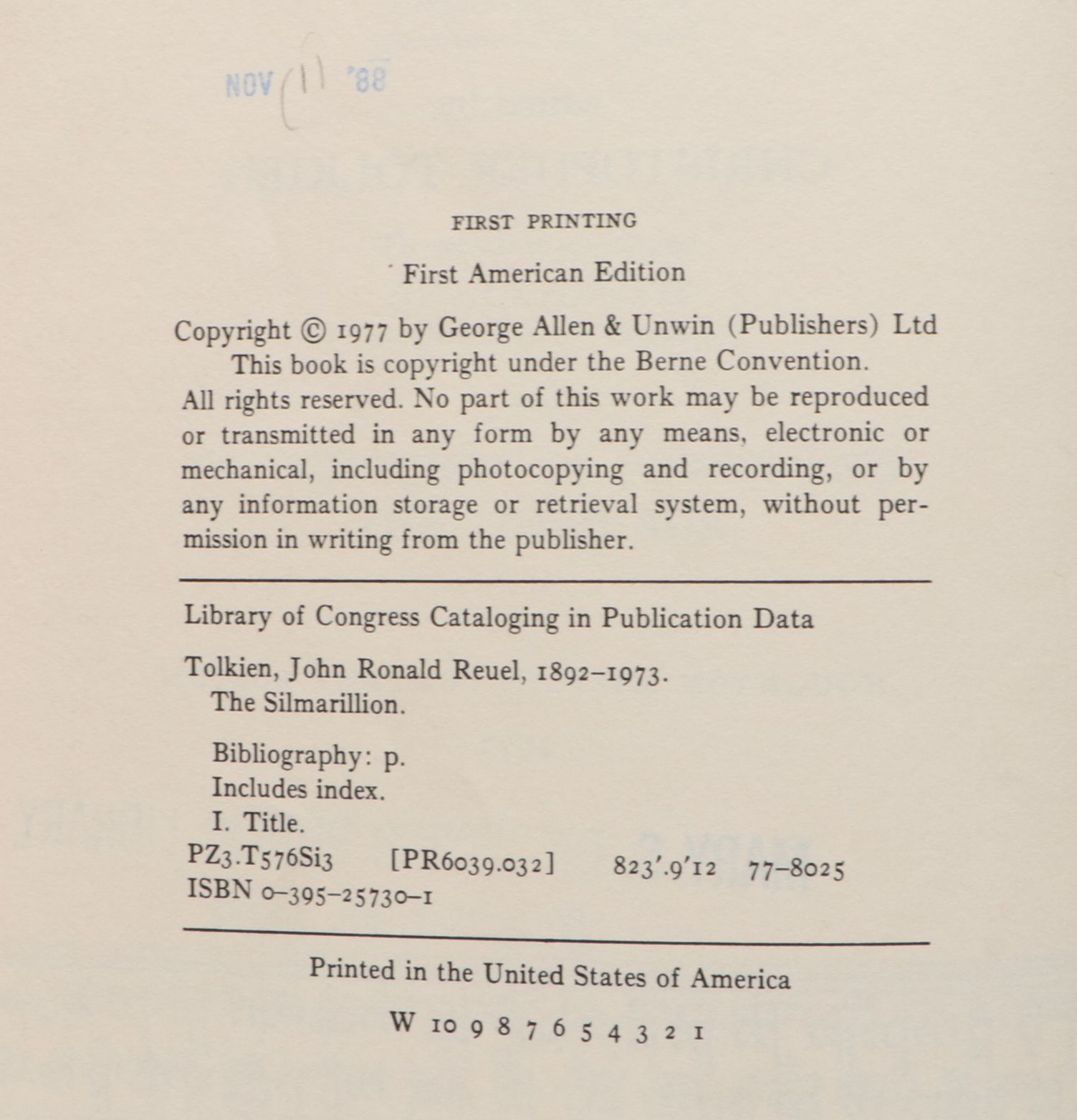 First American Printing "The Silmarillion" by J. R. R. Tolkien, 1977