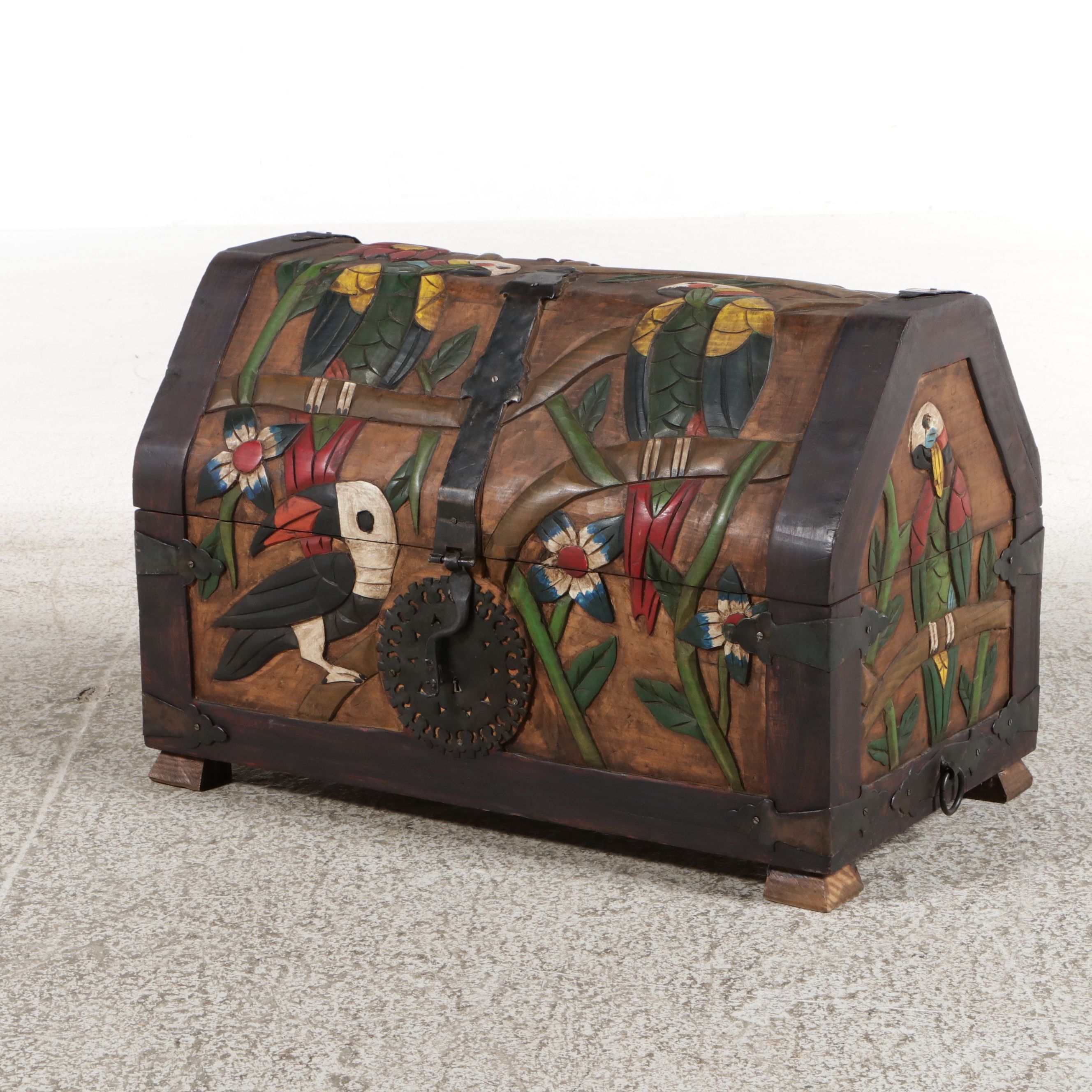 South American Folk Art Style Polychrome Carved Wood Tropical Motif Trunk