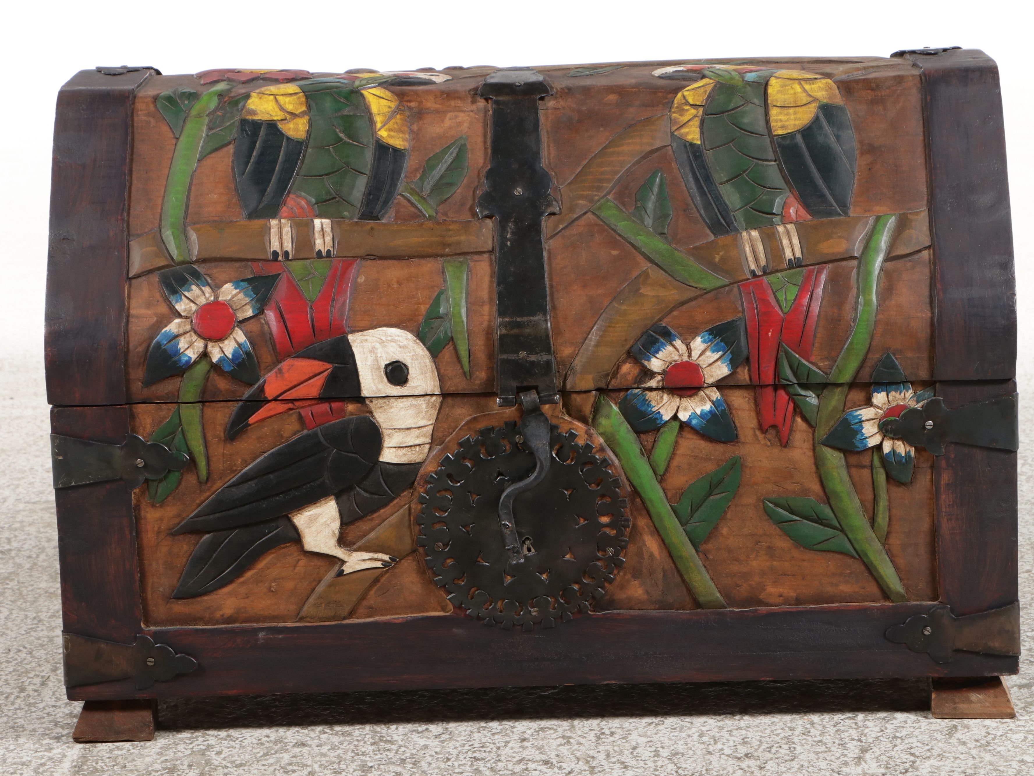 South American Folk Art Style Polychrome Carved Wood Tropical Motif Trunk