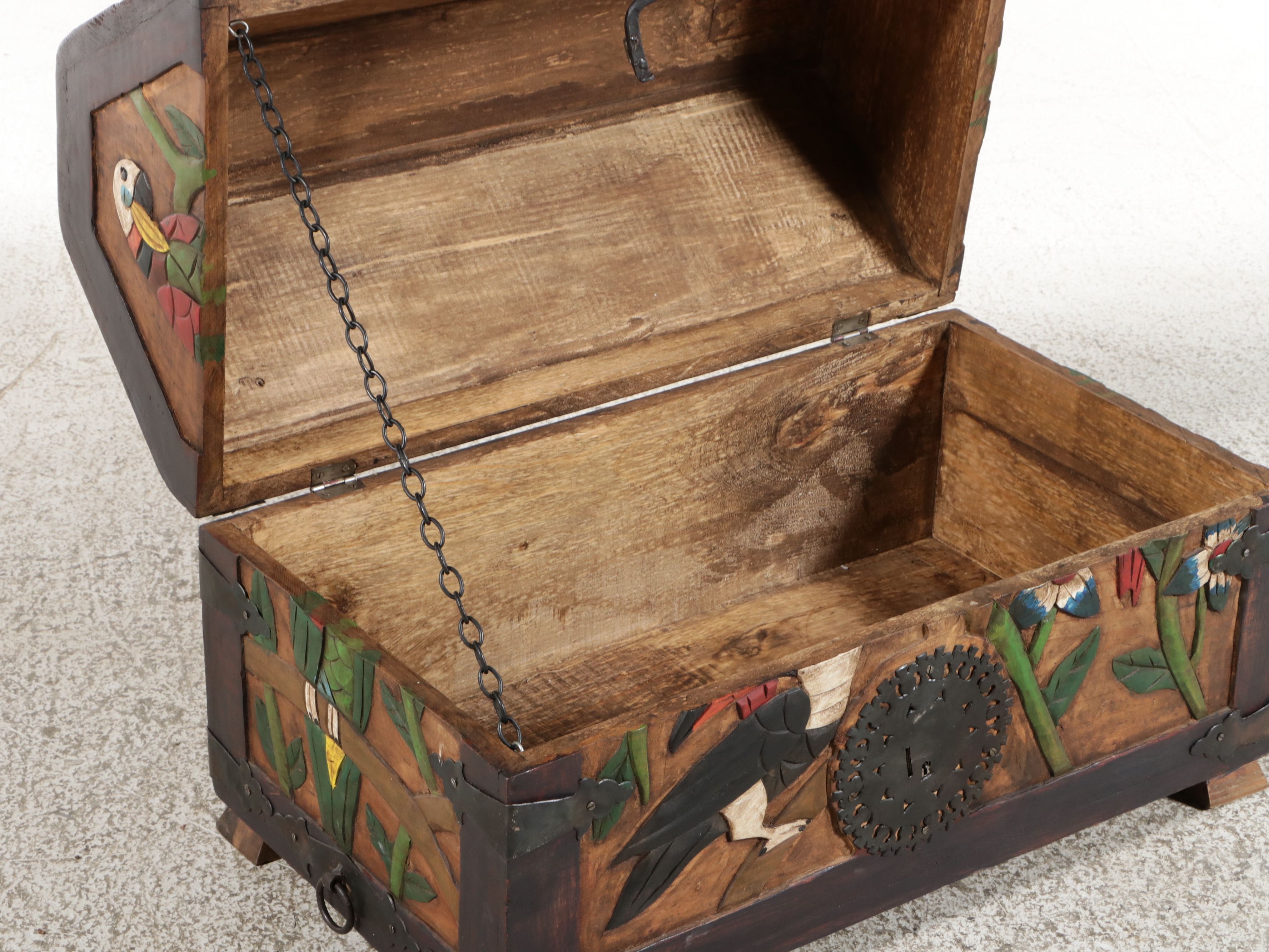 South American Folk Art Style Polychrome Carved Wood Tropical Motif Trunk