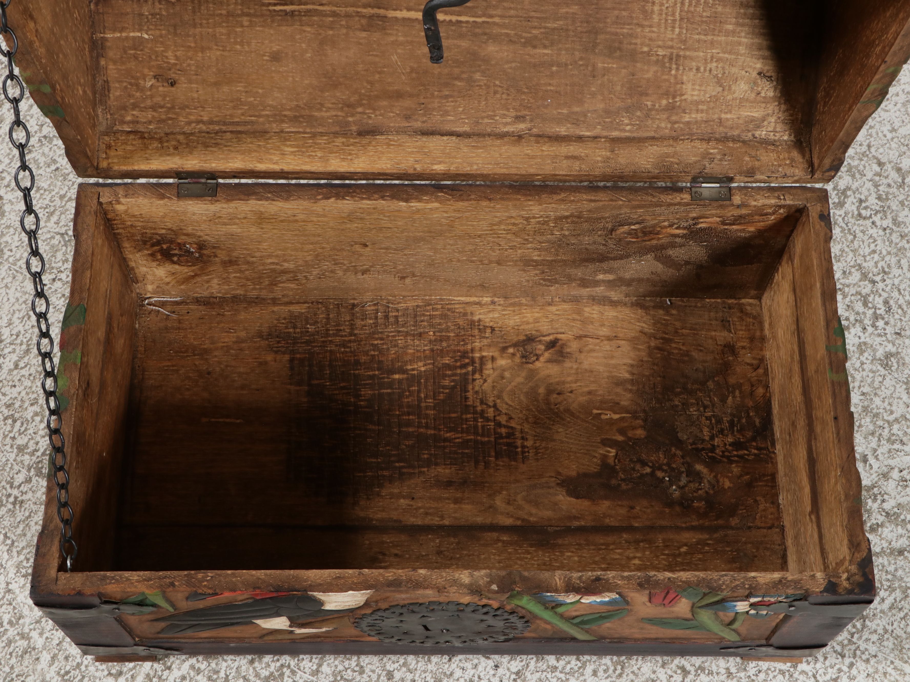 South American Folk Art Style Polychrome Carved Wood Tropical Motif Trunk