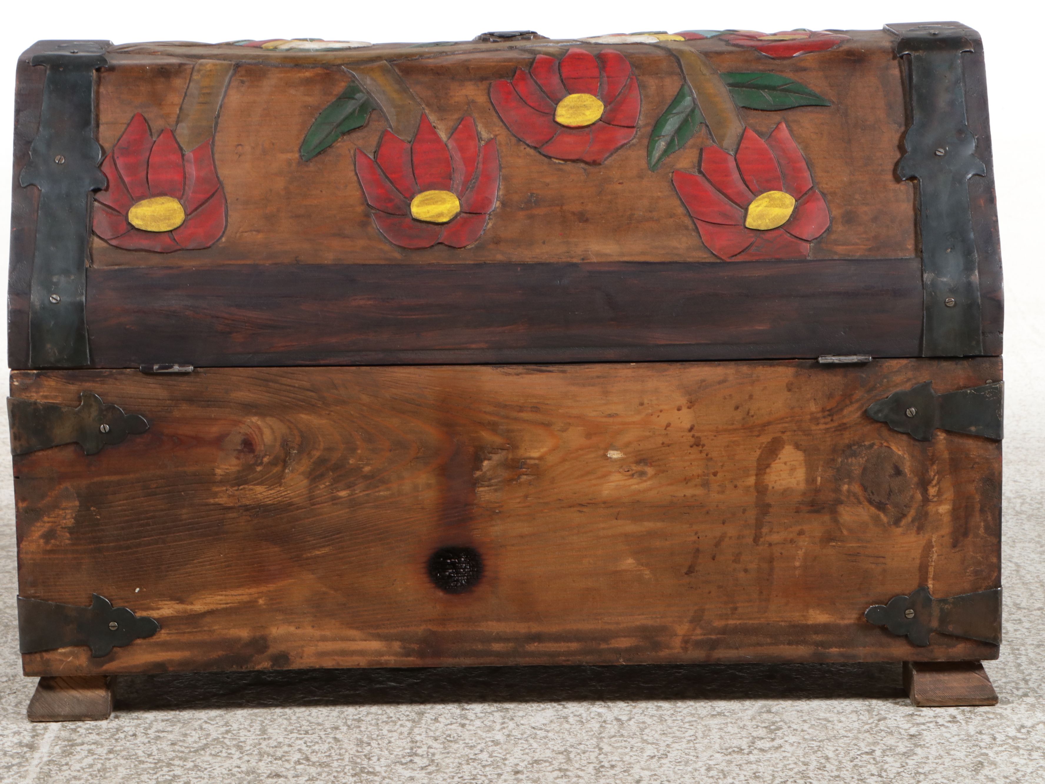 South American Folk Art Style Polychrome Carved Wood Tropical Motif Trunk