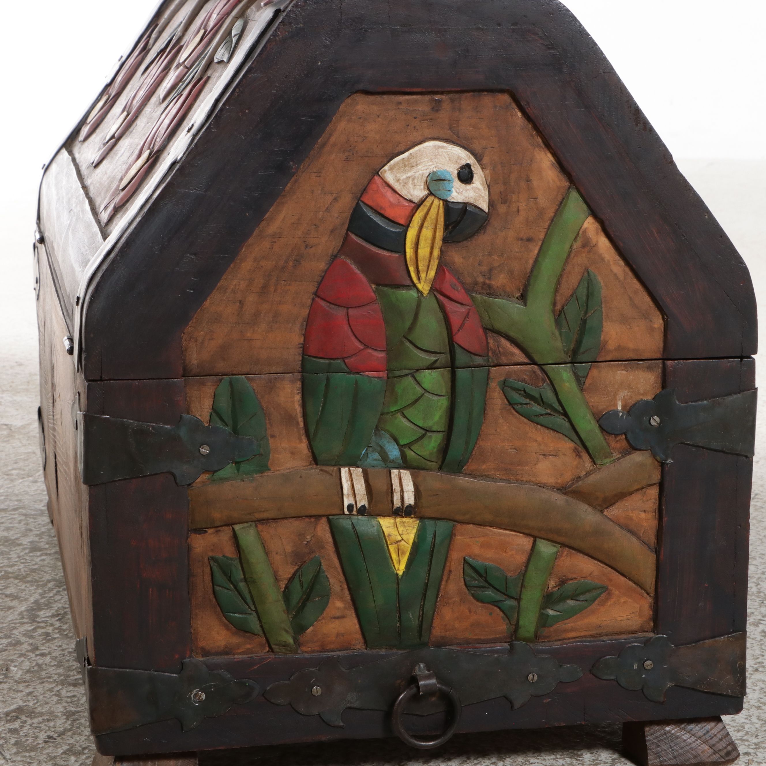 South American Folk Art Style Polychrome Carved Wood Tropical Motif Trunk