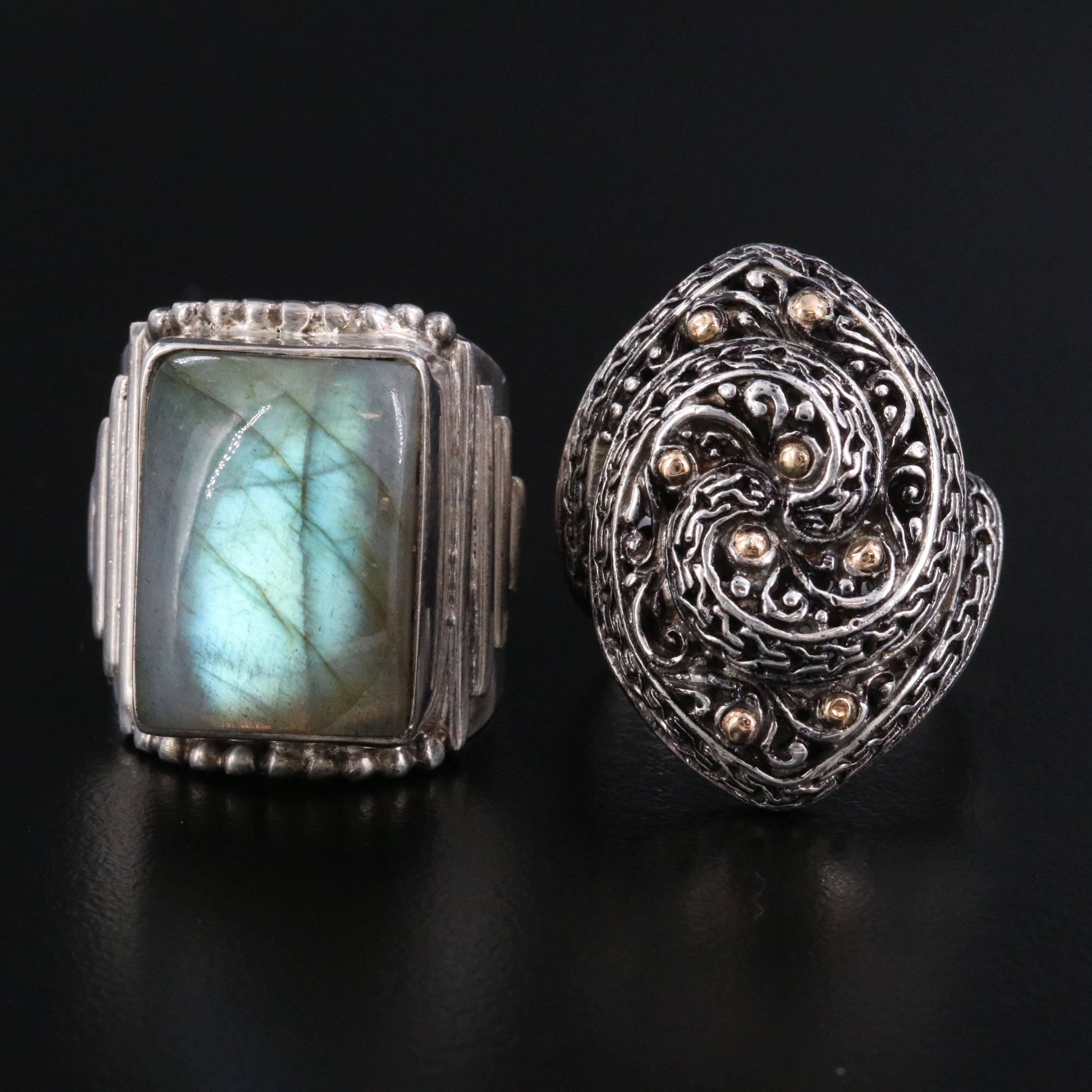 Sterling Rings Featuring Sarda, Labradorite and 18K Gold Accents