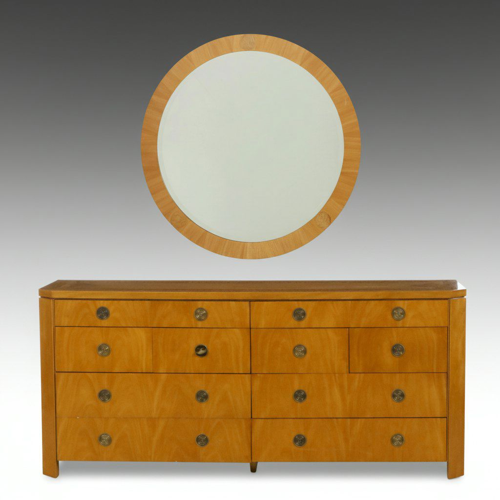 Charles Pfister for Baker Tamo Ash Dresser and Matching Circular Mirror