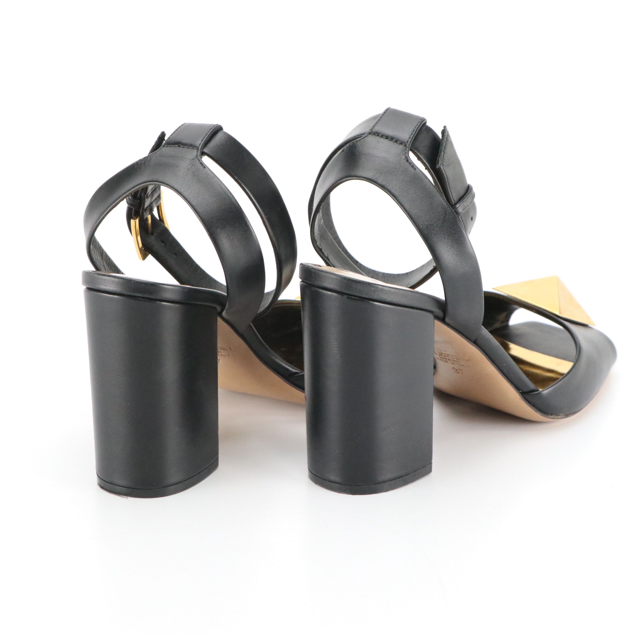 Valentino Pyramid Stud Black Leather Block Heel Ankle-Strap Dress Sandals