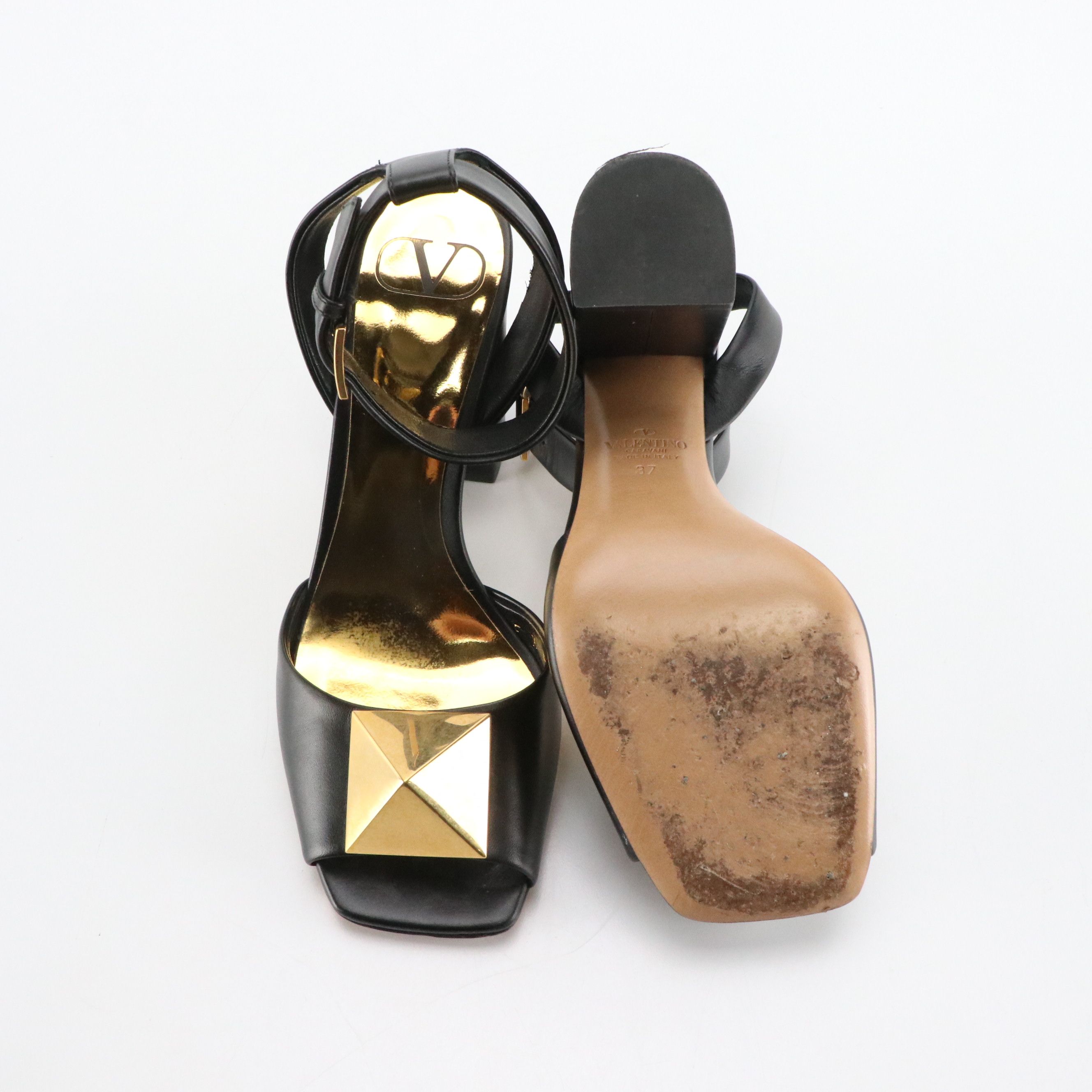 Valentino Pyramid Stud Black Leather Block Heel Ankle-Strap Dress Sandals