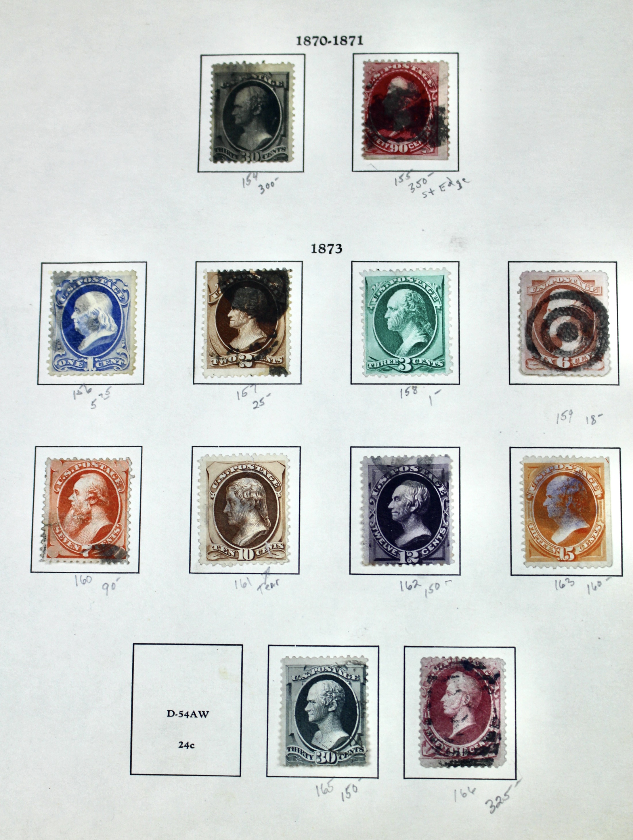 Twelve Different Classic Postage Stamps, 1870-1873, Incl. Two 90-Cent Stamps