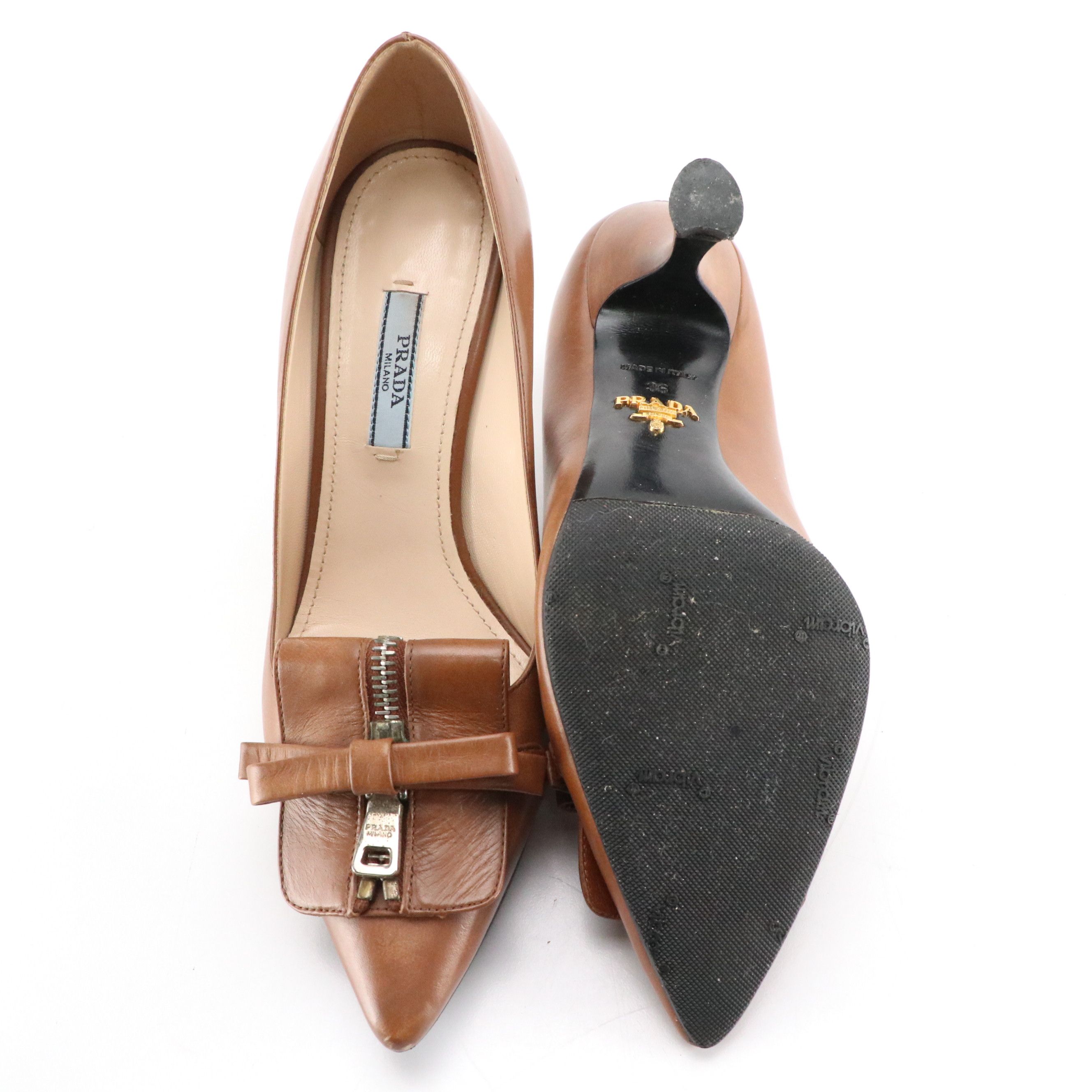 Prada Brown Leather Bow Pumps with Zipper Detail