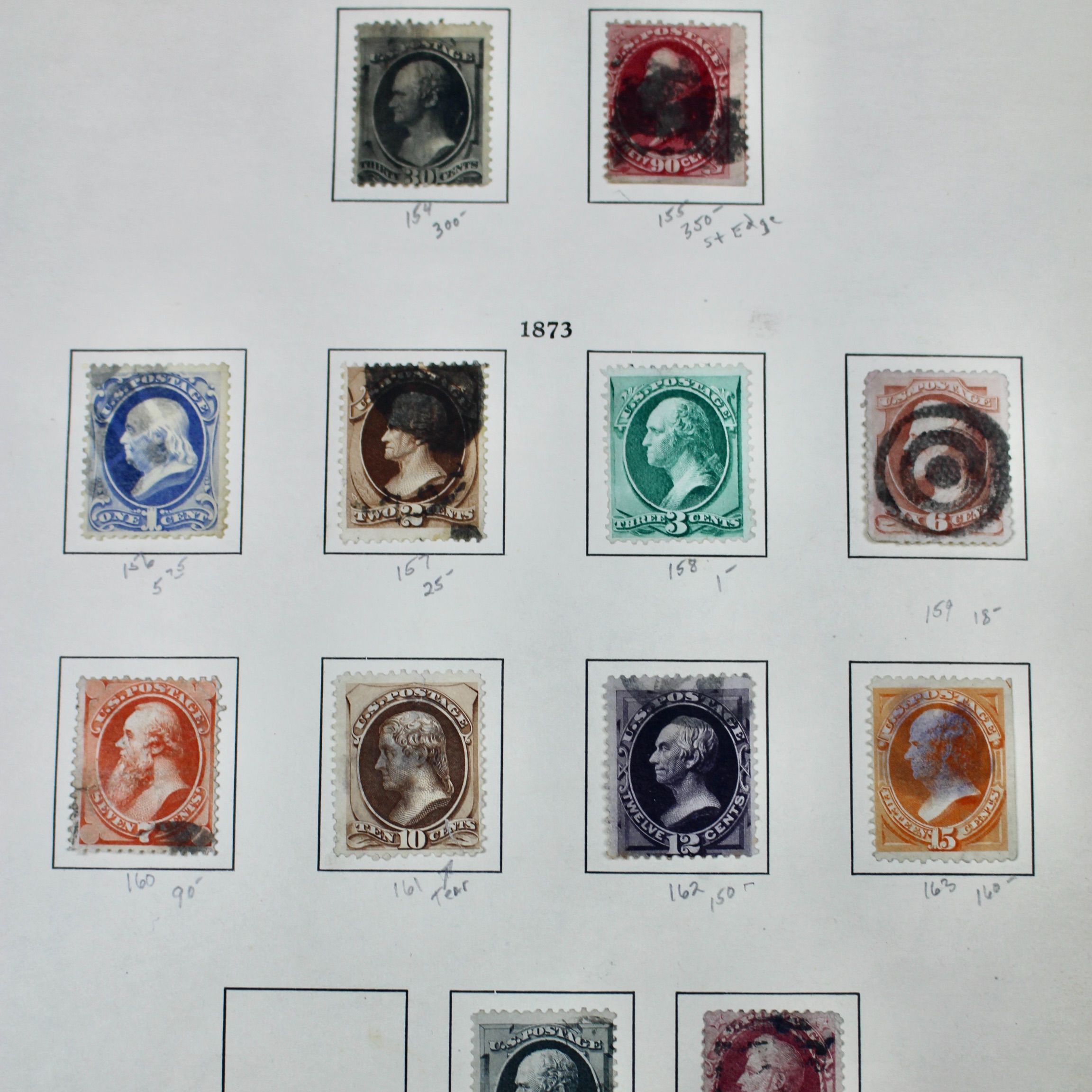 Twelve Different Classic Postage Stamps, 1870-1873, Incl. Two 90-Cent Stamps