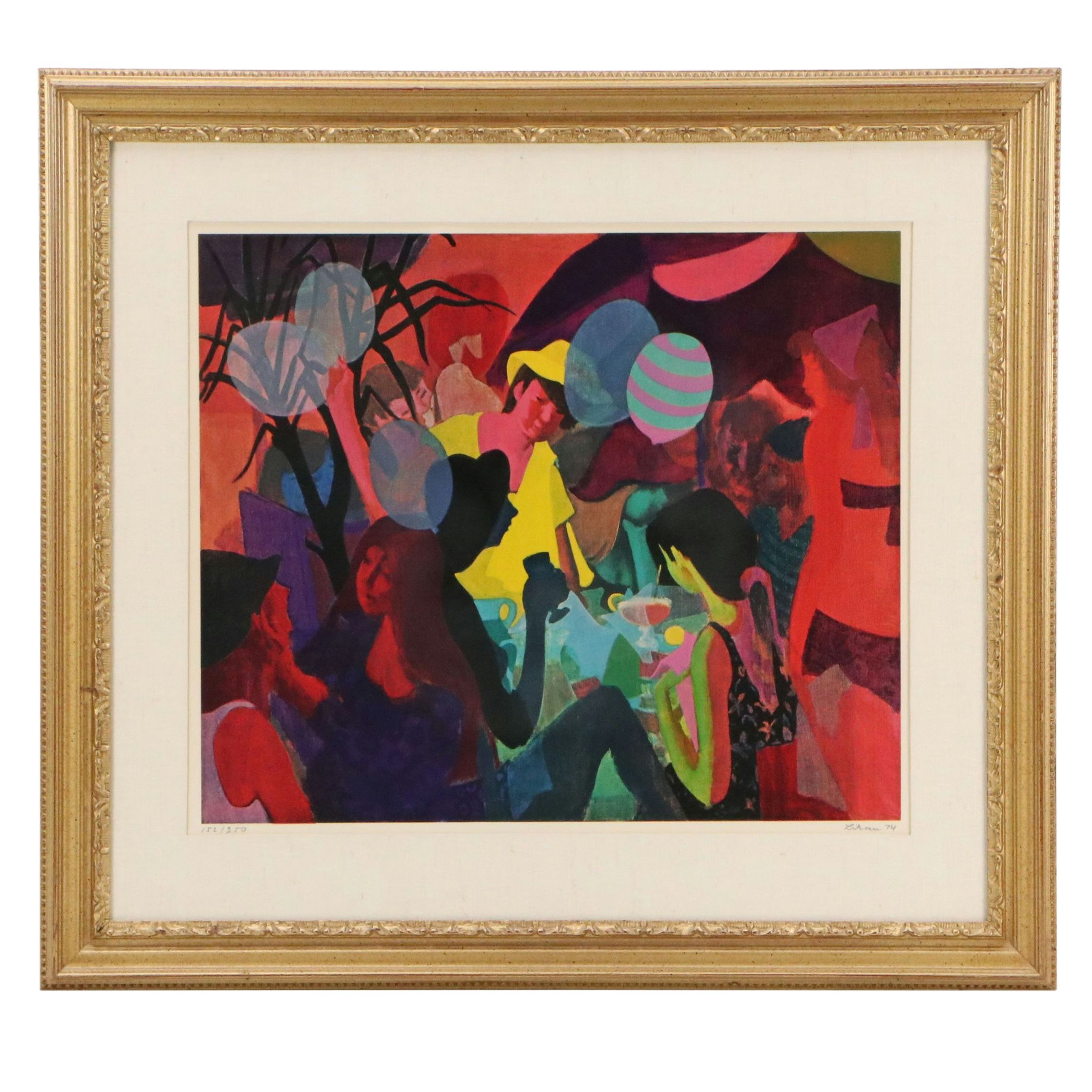 Gustav Likan Offset Lithograph "Bright Cafe Scene," 1974