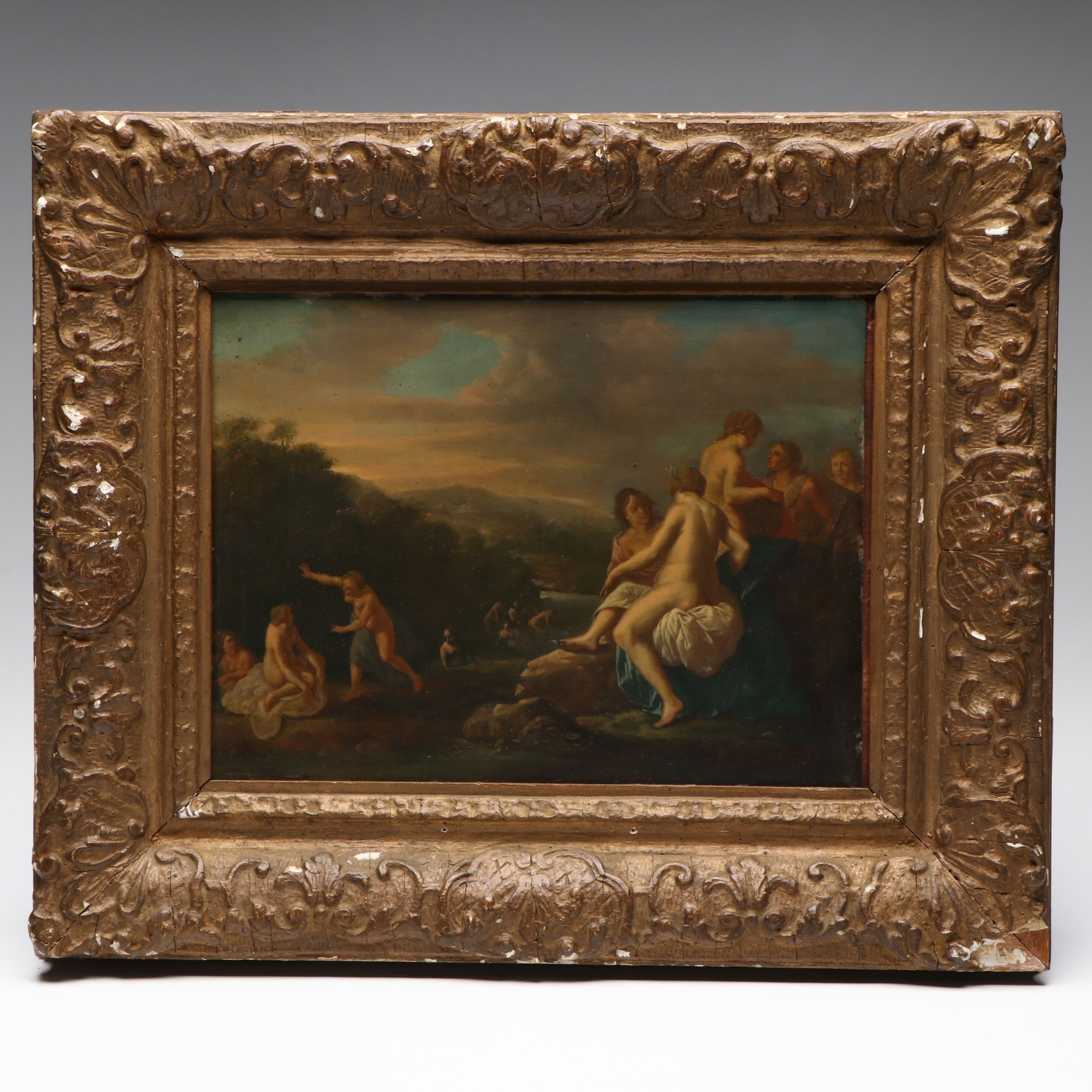 Antique Continental School Oil on Copper Diana Bathing, 17th Century