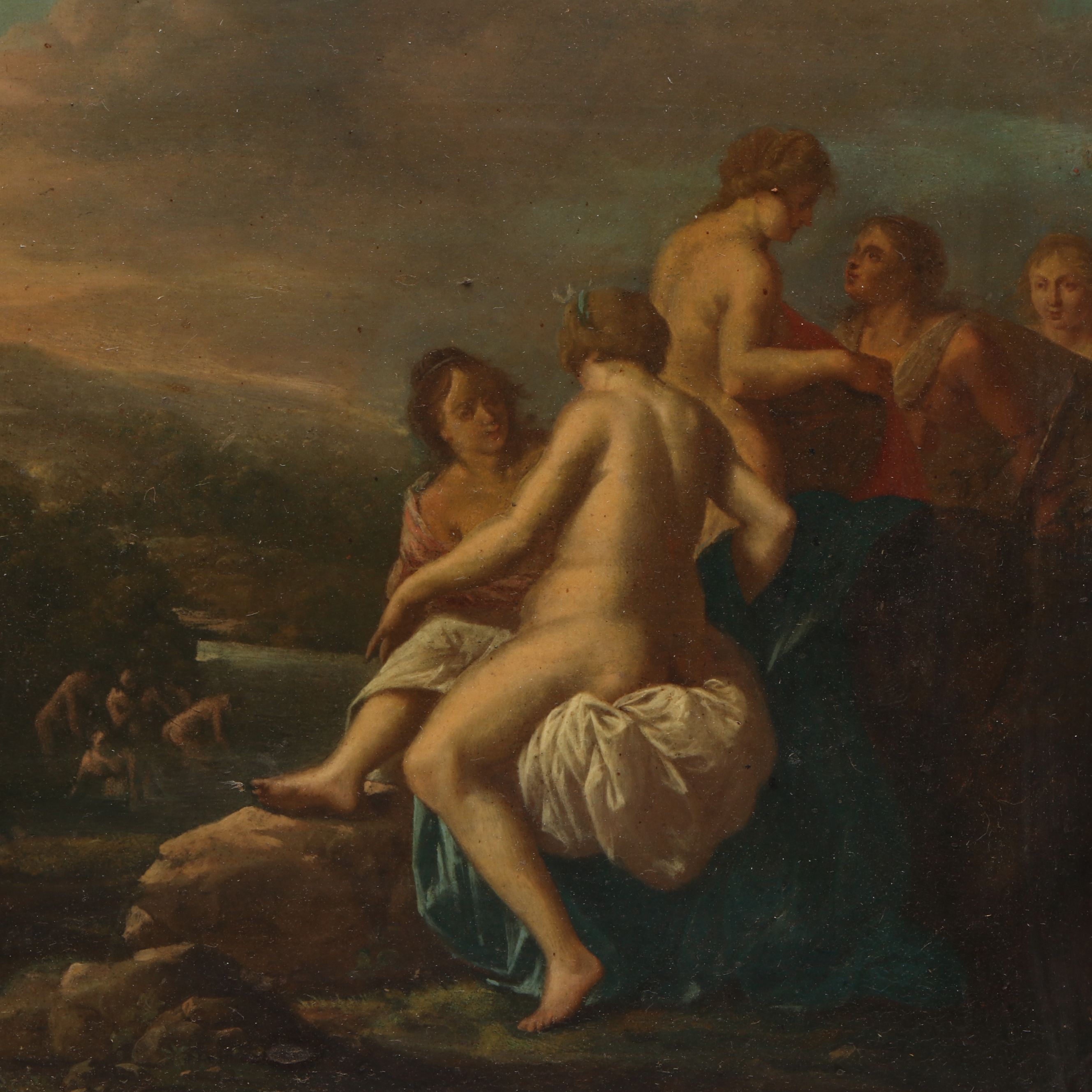 Antique Continental School Oil on Copper Diana Bathing, 17th Century